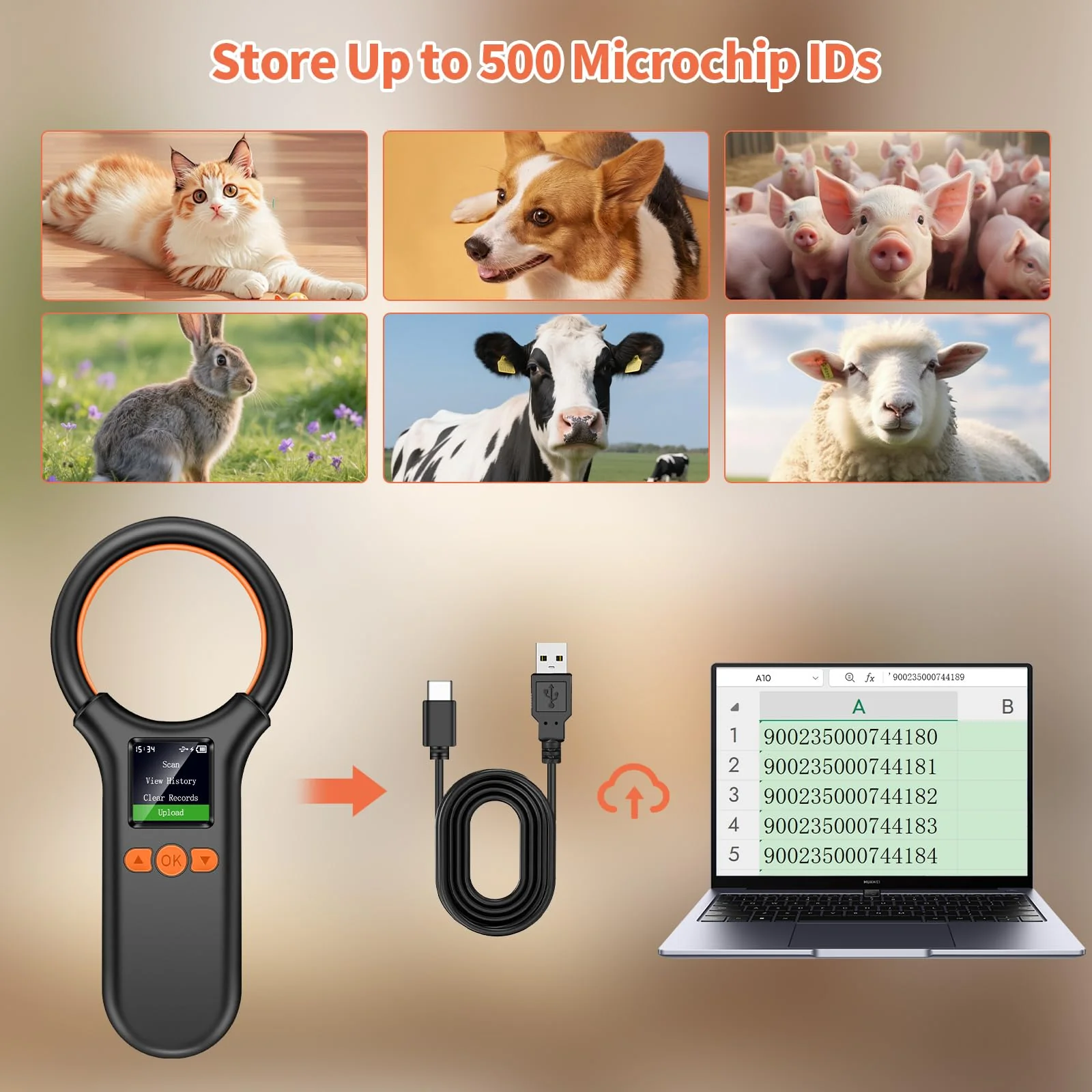 KUIIYER Pet Microchip Scanner, Rechargeable RFID EMID FDX-B (ISO 11784/11785) Micro Chip Reader with LCD Screen Display & 500 Storage Records, 15 Digit Pet Chip Scanner for Dog/Cat/Pig/Animal - Image 5