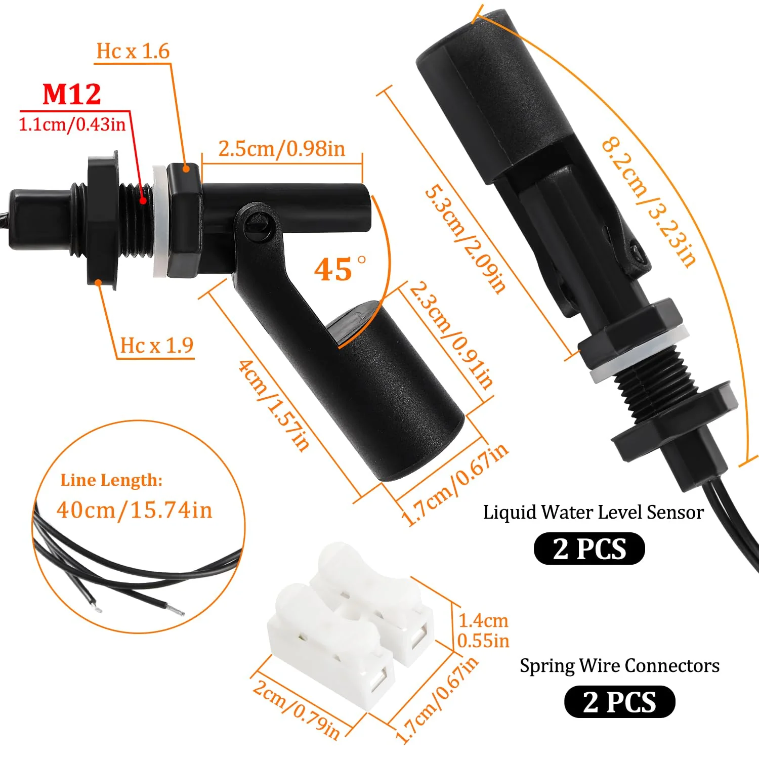 KUOQIY 2 x M12 10 W Water Level Sensor, PP Side-Mounted Horizontal Liquid Float Switch, Water Liquid Level Sensors, with Spring Wire Connector, for Tank Pool, Black M12 – Schwarz – 2 Stücke - Image 2