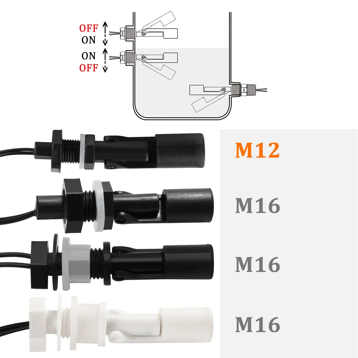 KUOQIY 2 x M12 10 W Water Level Sensor, PP Side-Mounted Horizontal Liquid Float Switch, Water Liquid Level Sensors, with Spring Wire Connector, for Tank Pool, Black M12 – Schwarz – 2 Stücke - Image 3