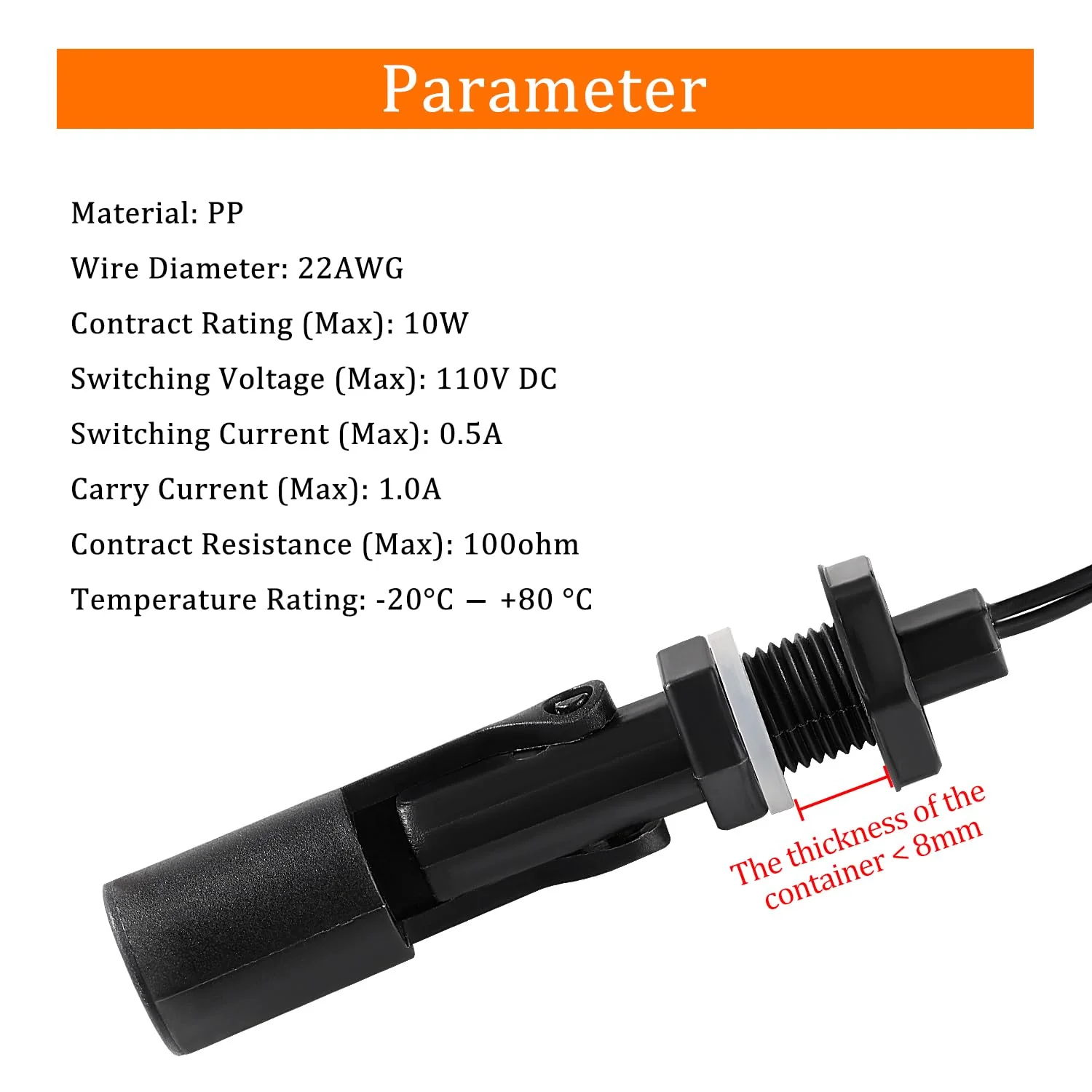 KUOQIY 2 x M12 10 W Water Level Sensor, PP Side-Mounted Horizontal Liquid Float Switch, Water Liquid Level Sensors, with Spring Wire Connector, for Tank Pool, Black M12 – Schwarz – 2 Stücke - Image 4