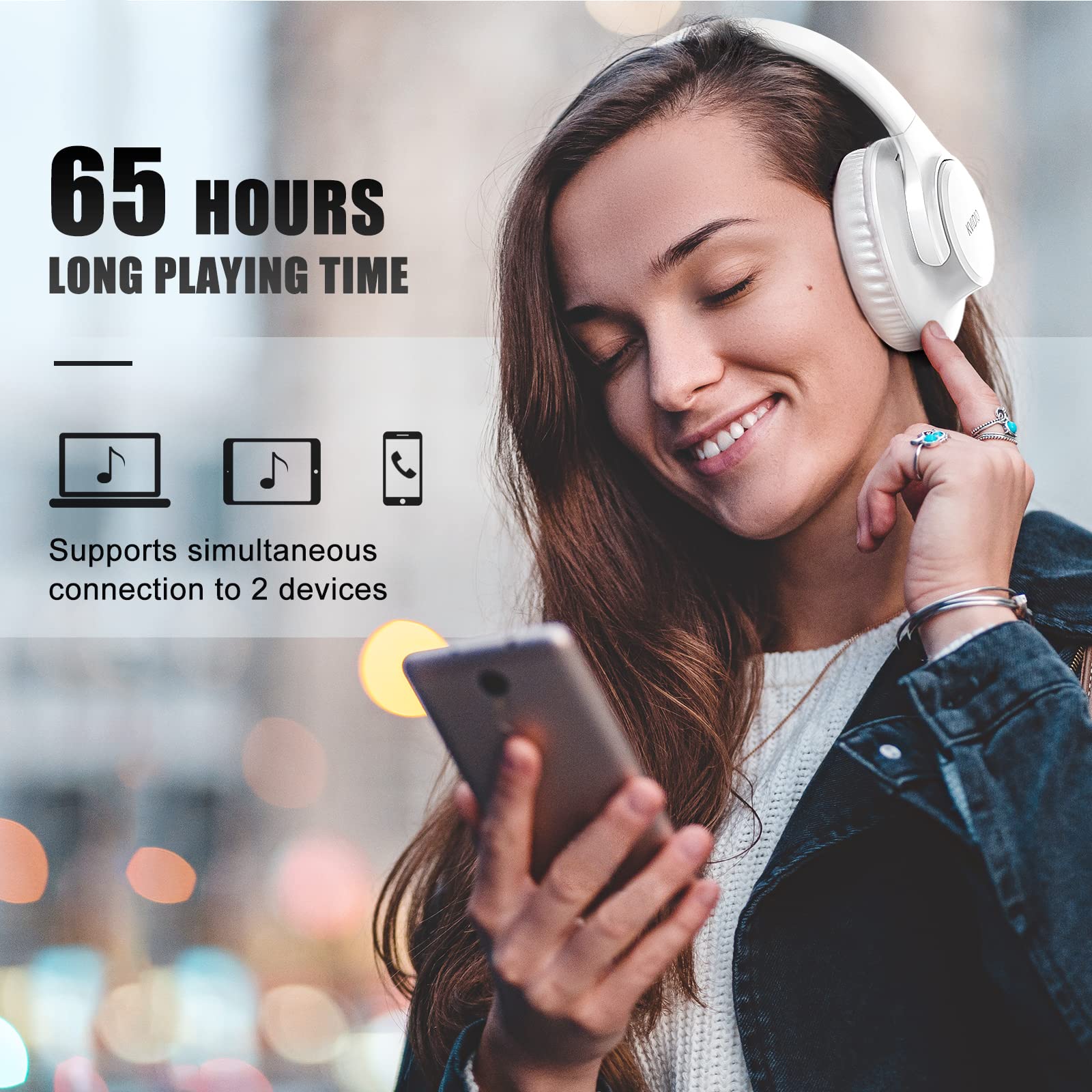 KVIDIO Bluetooth Headphones Over Ear, 65 Hours Playtime Wireless Headphones with Microphone, Foldable Lightweight Headset with Deep Bass, HiFi Stereo Sound Low Latency for Laptop PC Cellphone White - Image 2