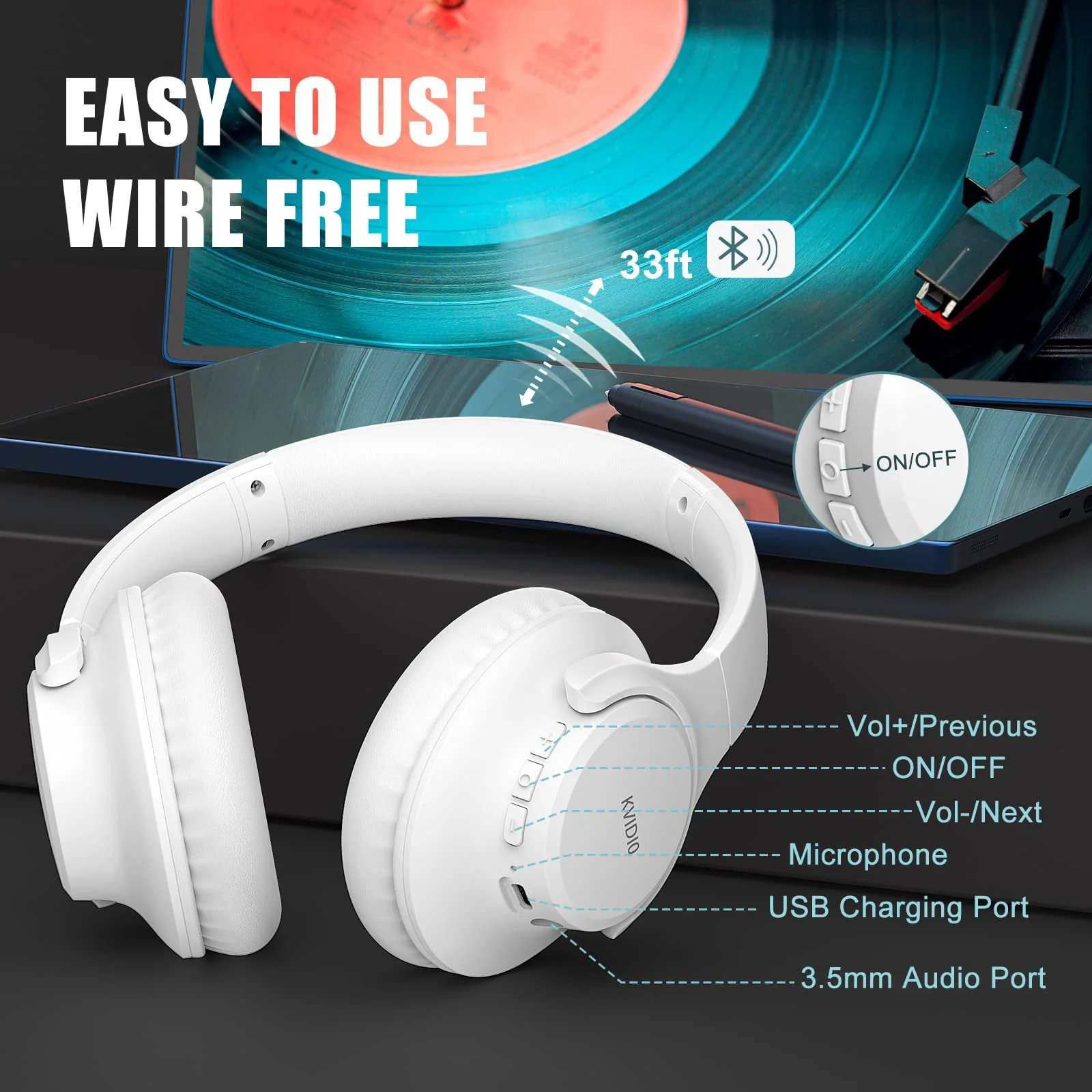 KVIDIO Bluetooth Headphones Over Ear, 65 Hours Playtime Wireless Headphones with Microphone, Foldable Lightweight Headset with Deep Bass, HiFi Stereo Sound Low Latency for Laptop PC Cellphone White - Image 3