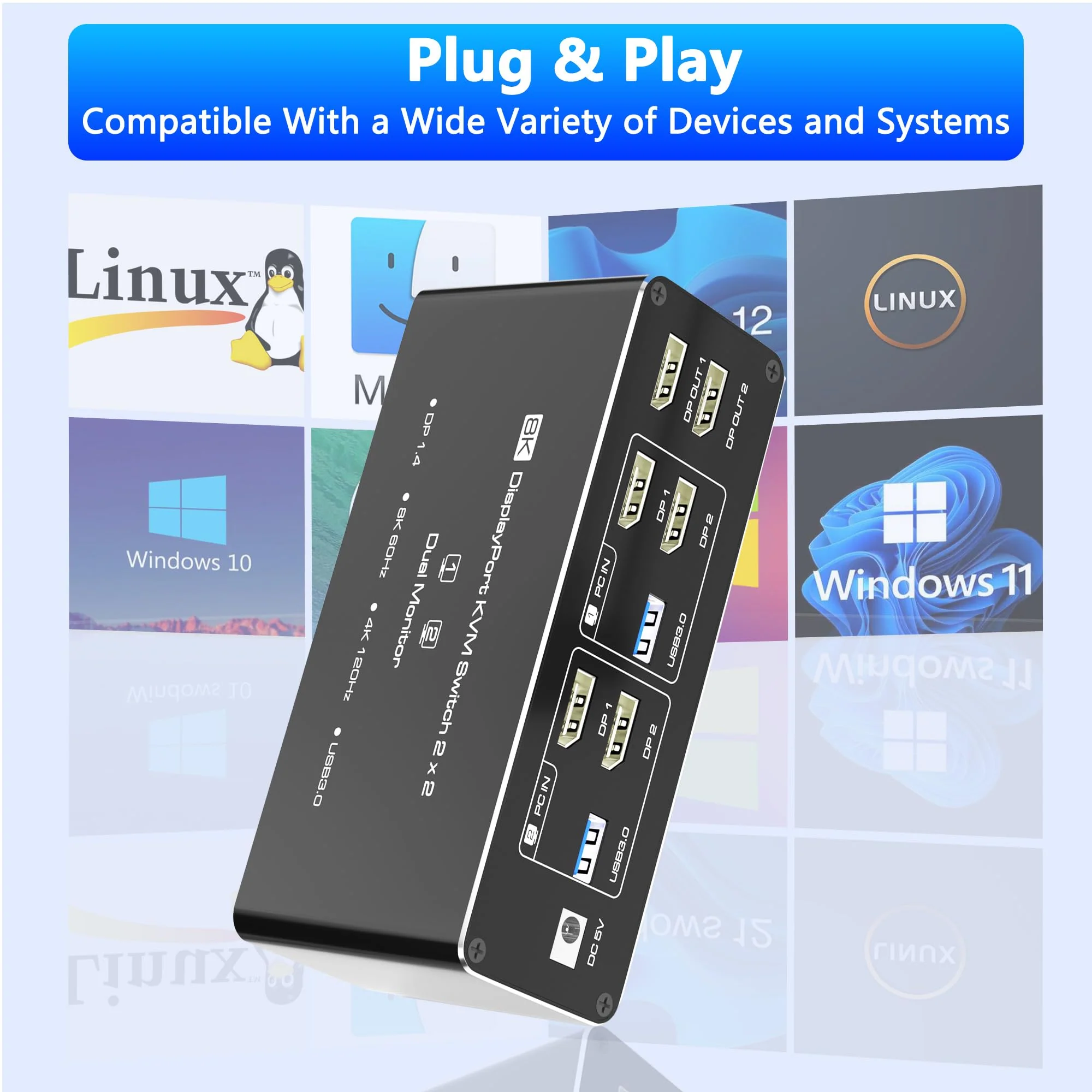 KVM Switch 2 Monitors 2 Computers, 8K@60Hz KVM Switch DisplayPort Extended Display, 4K@120Hz, KVM Switches for 2 Computers Sharing 2 Monitor, 4 USB 3.0 Devices Such as Keyboard, Printer, Scanner,Mouse Dual DP 2 Monitor - Image 3