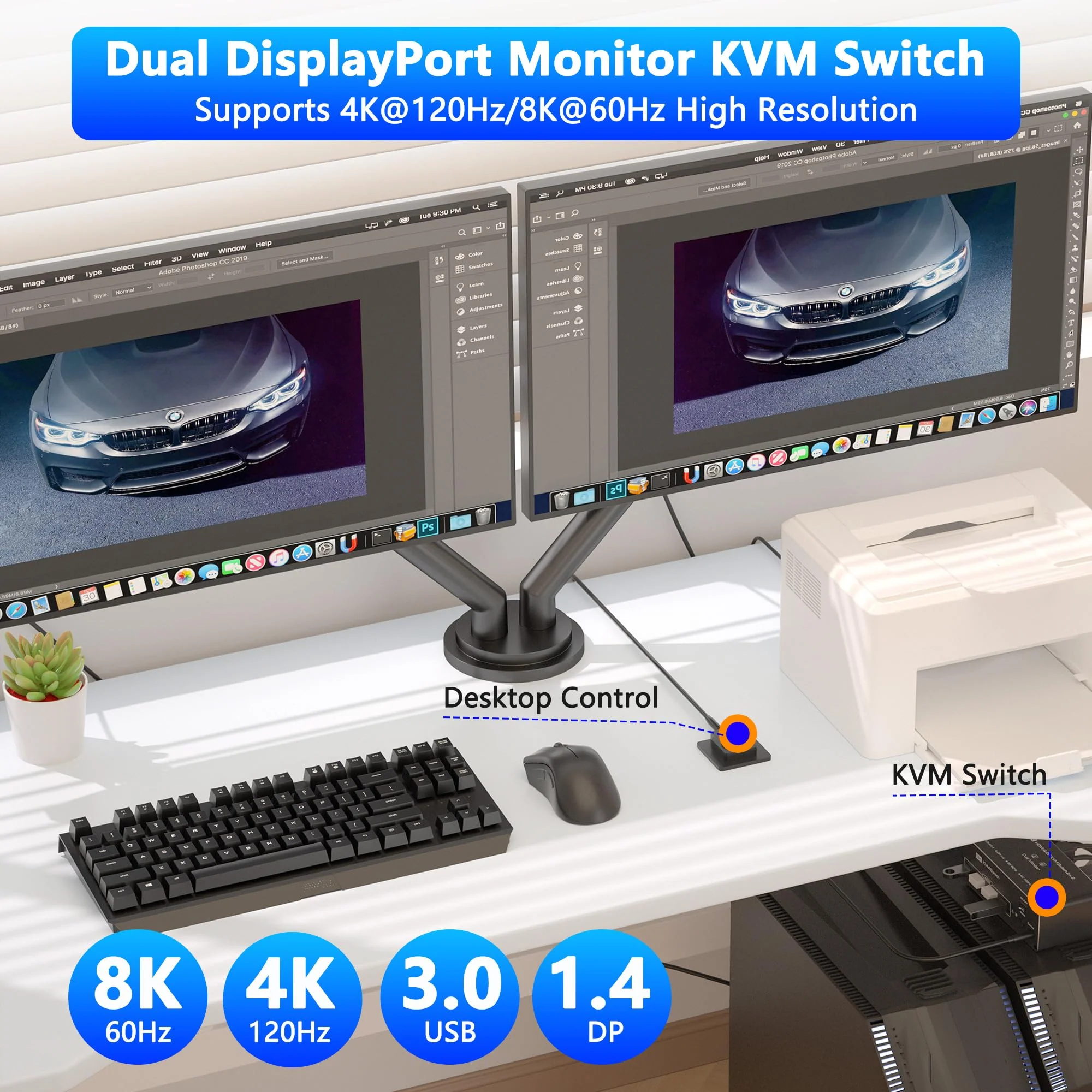 KVM Switch 2 Monitors 2 Computers, 8K@60Hz KVM Switch DisplayPort Extended Display, 4K@120Hz, KVM Switches for 2 Computers Sharing 2 Monitor, 4 USB 3.0 Devices Such as Keyboard, Printer, Scanner,Mouse Dual DP 2 Monitor - Image 4