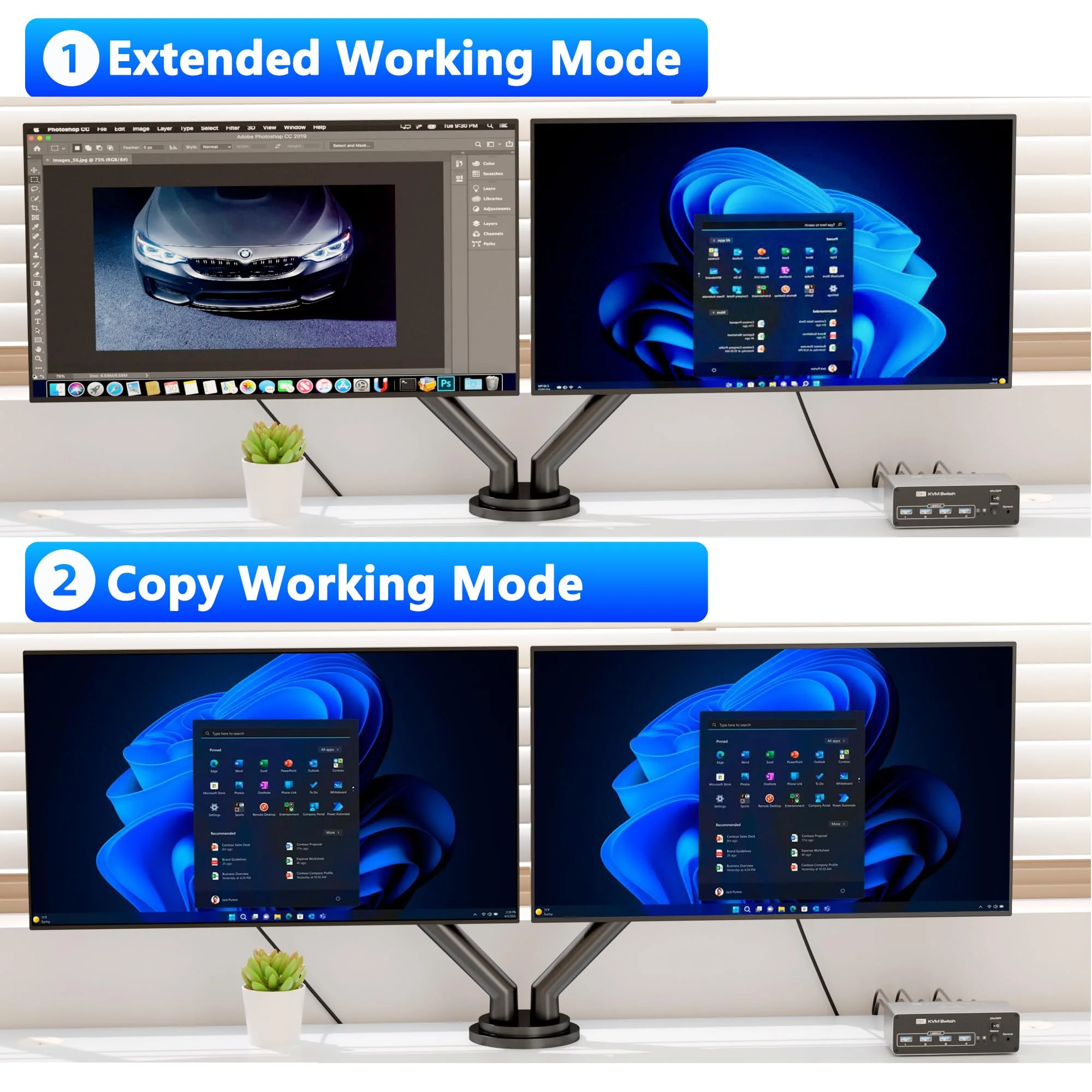 KVM Switch 2 Monitors 2 Computers, 8K@60Hz KVM Switch DisplayPort Extended Display, 4K@120Hz, KVM Switches for 2 Computers Sharing 2 Monitor, 4 USB 3.0 Devices Such as Keyboard, Printer, Scanner,Mouse Dual DP 2 Monitor - Image 5