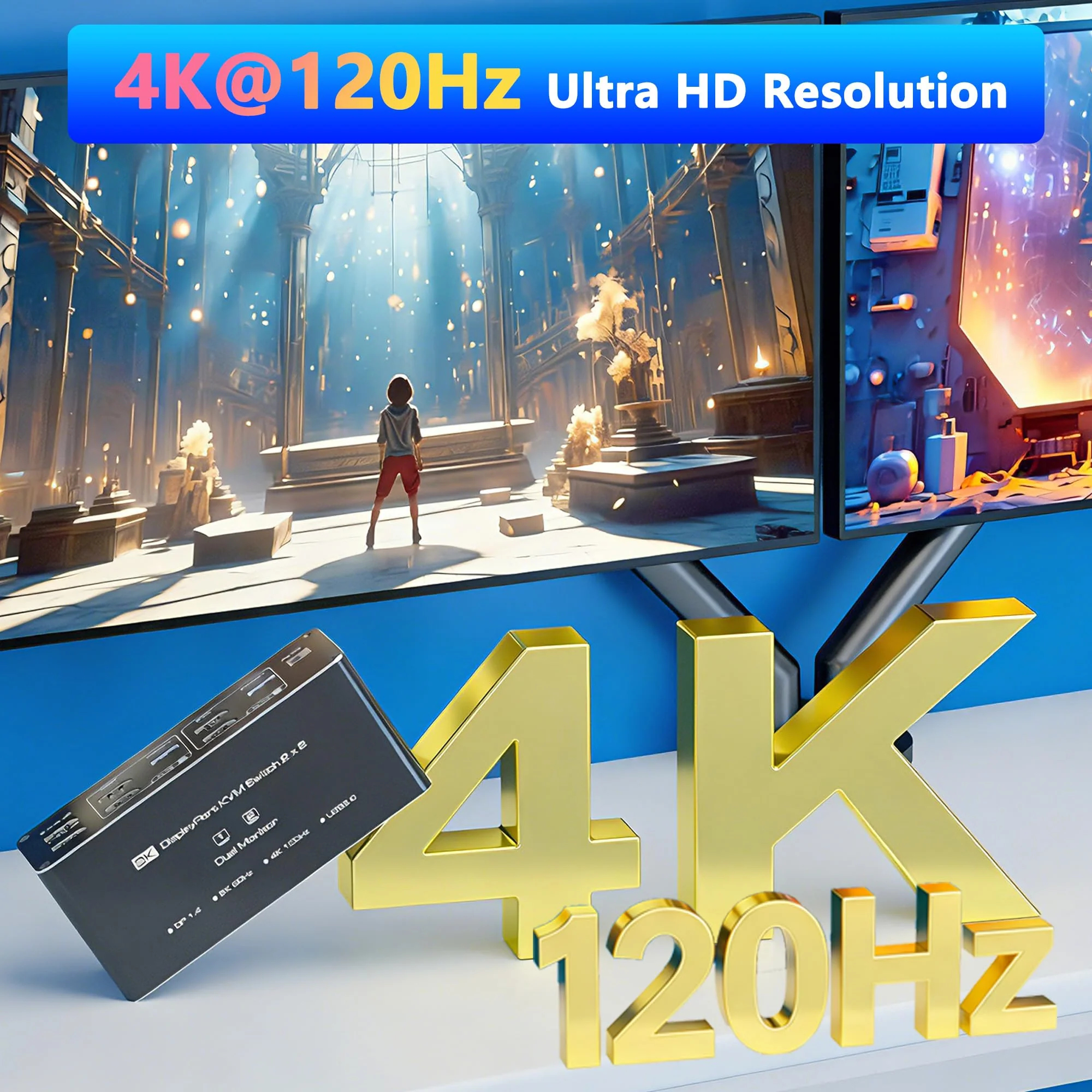 KVM Switch 2 Monitors 2 Computers, 8K@60Hz KVM Switch DisplayPort Extended Display, 4K@120Hz, KVM Switches for 2 Computers Sharing 2 Monitor, 4 USB 3.0 Devices Such as Keyboard, Printer, Scanner,Mouse Dual DP 2 Monitor - Image 7