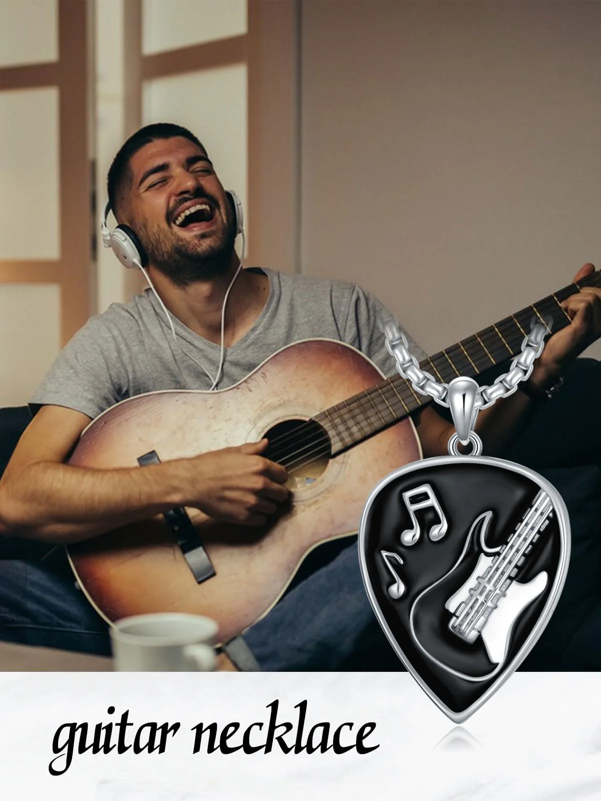 KXJ Music Gifts for Men Women S925 Sterling Silver Guitar Necklace for Men Women Trendy Black/Blue Guitar Music Pendant Gifts for Guitar Players Guitar Lover Musical Jewelry for Guitar Teacher Student Graduation Birthday Anniversary Valentines Day - Image 2