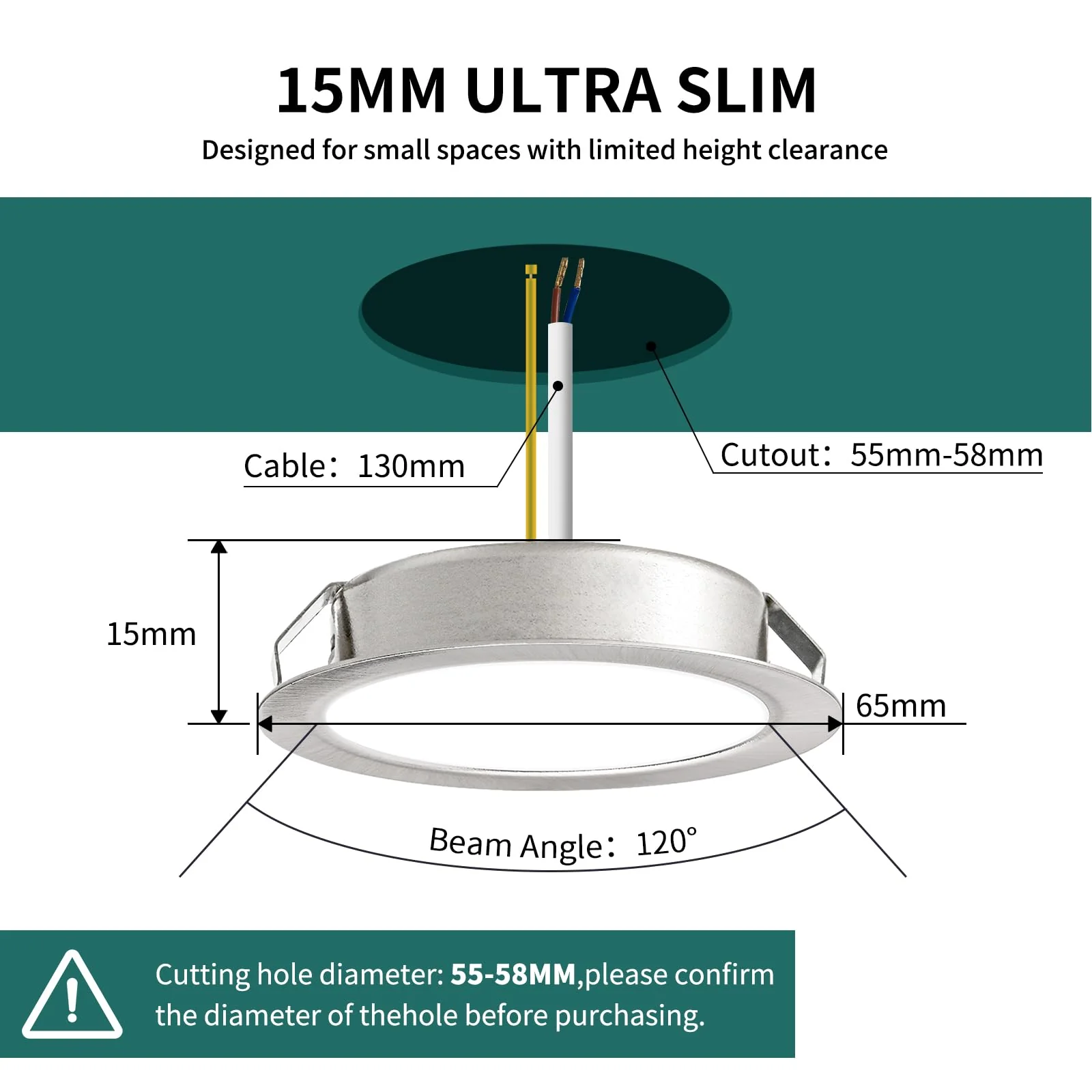 KYOTECH LED Recessed Spotlight 230 V Dimmable, 3 W 3000 K Warm White LED Spot Ultra Flat 300 LM Bore Hole 55-58 mm and 15 mm Flat IP44 Furniture Recessed Spotlights for Mirror Cabinet, Nickel Set of 3 3 pieces Brushed Nickel - Image 2