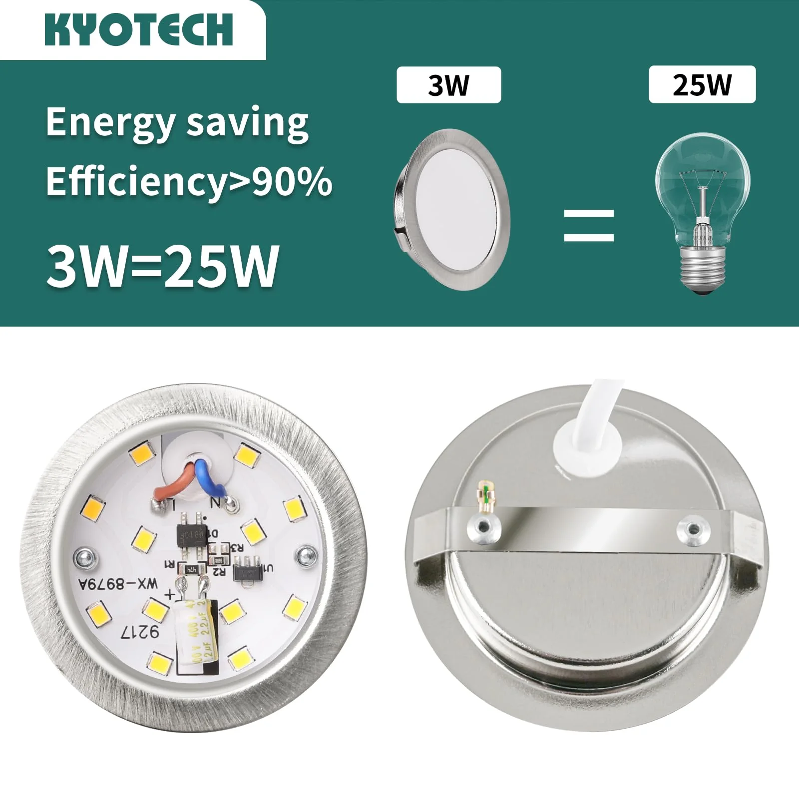 KYOTECH LED Recessed Spotlight 230 V Dimmable, 3 W 3000 K Warm White LED Spot Ultra Flat 300 LM Bore Hole 55-58 mm and 15 mm Flat IP44 Furniture Recessed Spotlights for Mirror Cabinet, Nickel Set of 3 3 pieces Brushed Nickel - Image 4