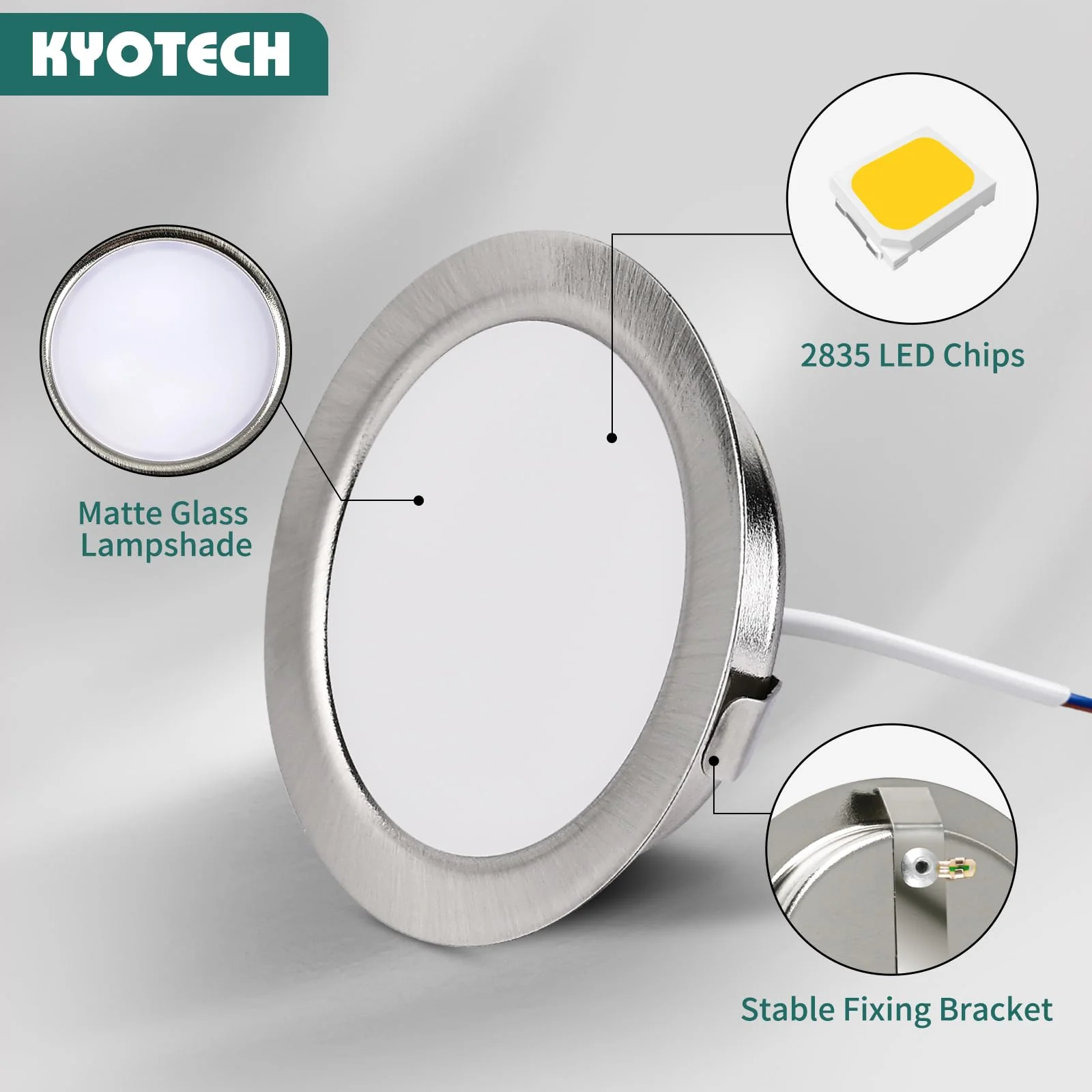 KYOTECH LED Recessed Spotlight 230 V Dimmable, 3 W 3000 K Warm White LED Spot Ultra Flat 300 LM Bore Hole 55-58 mm and 15 mm Flat IP44 Furniture Recessed Spotlights for Mirror Cabinet, Nickel Set of 3 3 pieces Brushed Nickel - Image 5