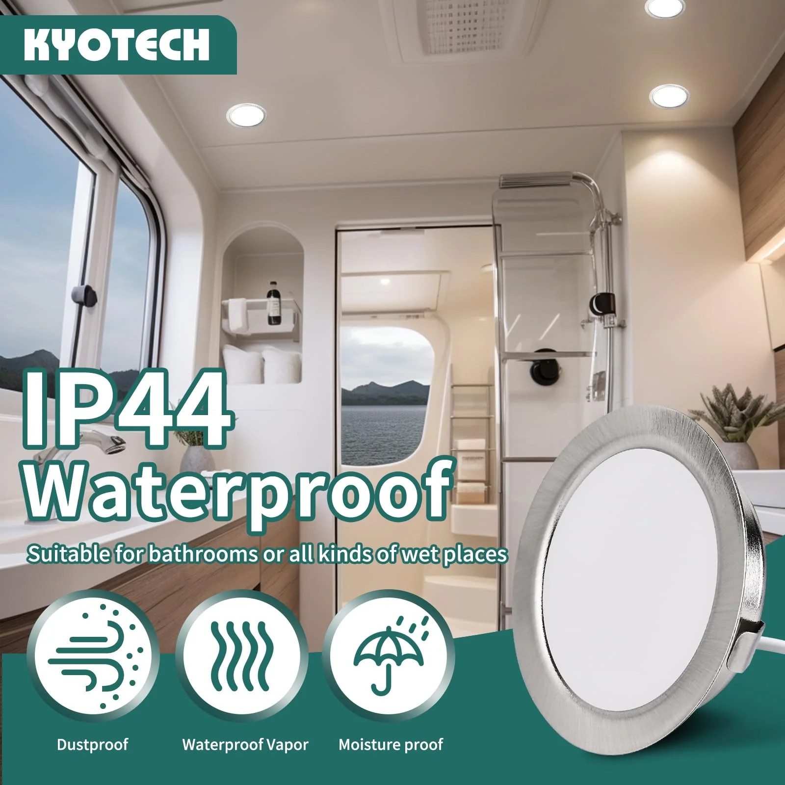 KYOTECH LED Recessed Spotlight 230 V Dimmable, 3 W 3000 K Warm White LED Spot Ultra Flat 300 LM Bore Hole 55-58 mm and 15 mm Flat IP44 Furniture Recessed Spotlights for Mirror Cabinet, Nickel Set of 3 3 pieces Brushed Nickel - Image 7