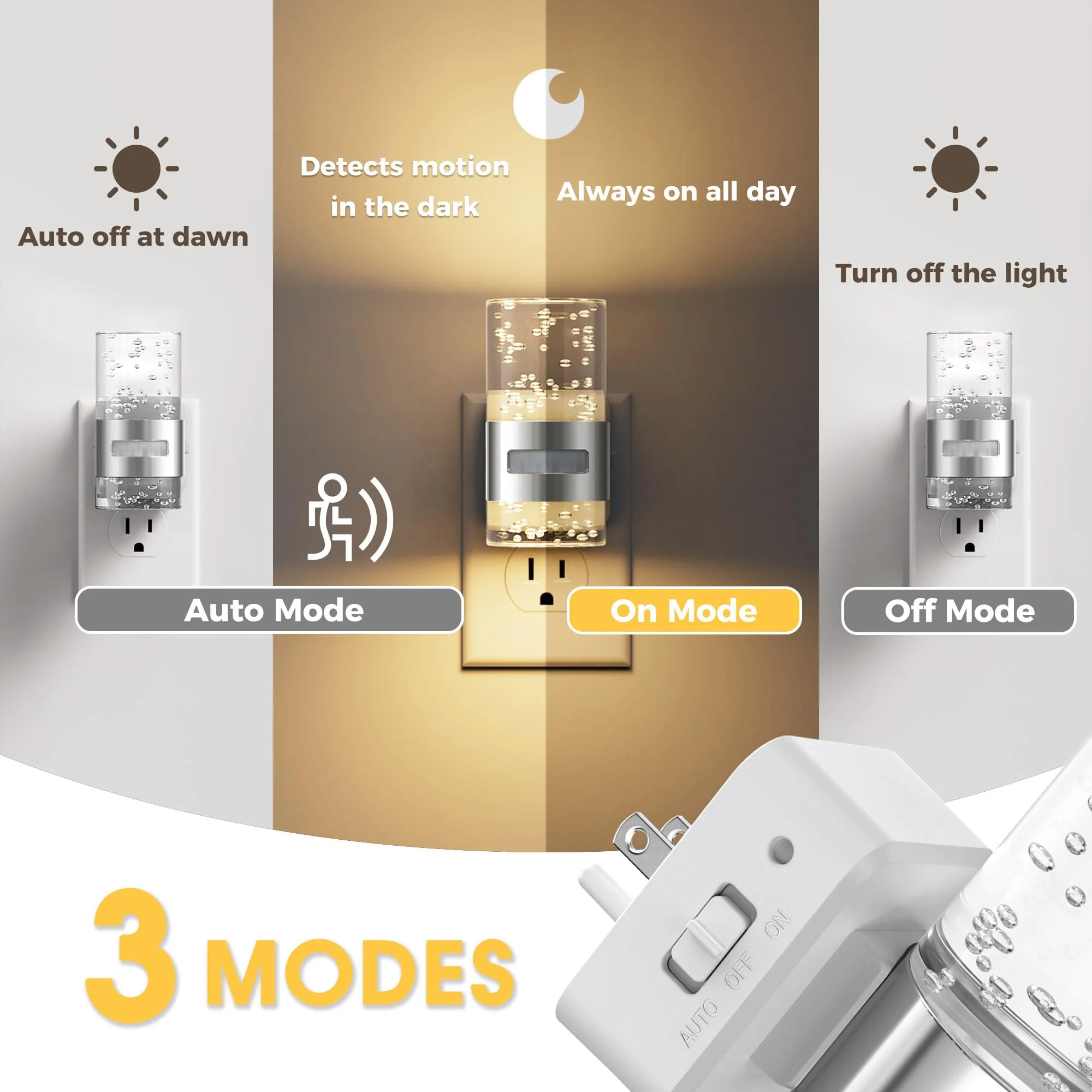 L LOHAS LED Motion Sensor Night Light,Dimmable Night Lights Plug into Wall, 2 Pack 3000K Night-Lights with 0-100 LM Adjustable, Acrylic Bubble Plug in Nightlight for Bathroom Hallway Nursery Sliver-motion sensor - Image 3