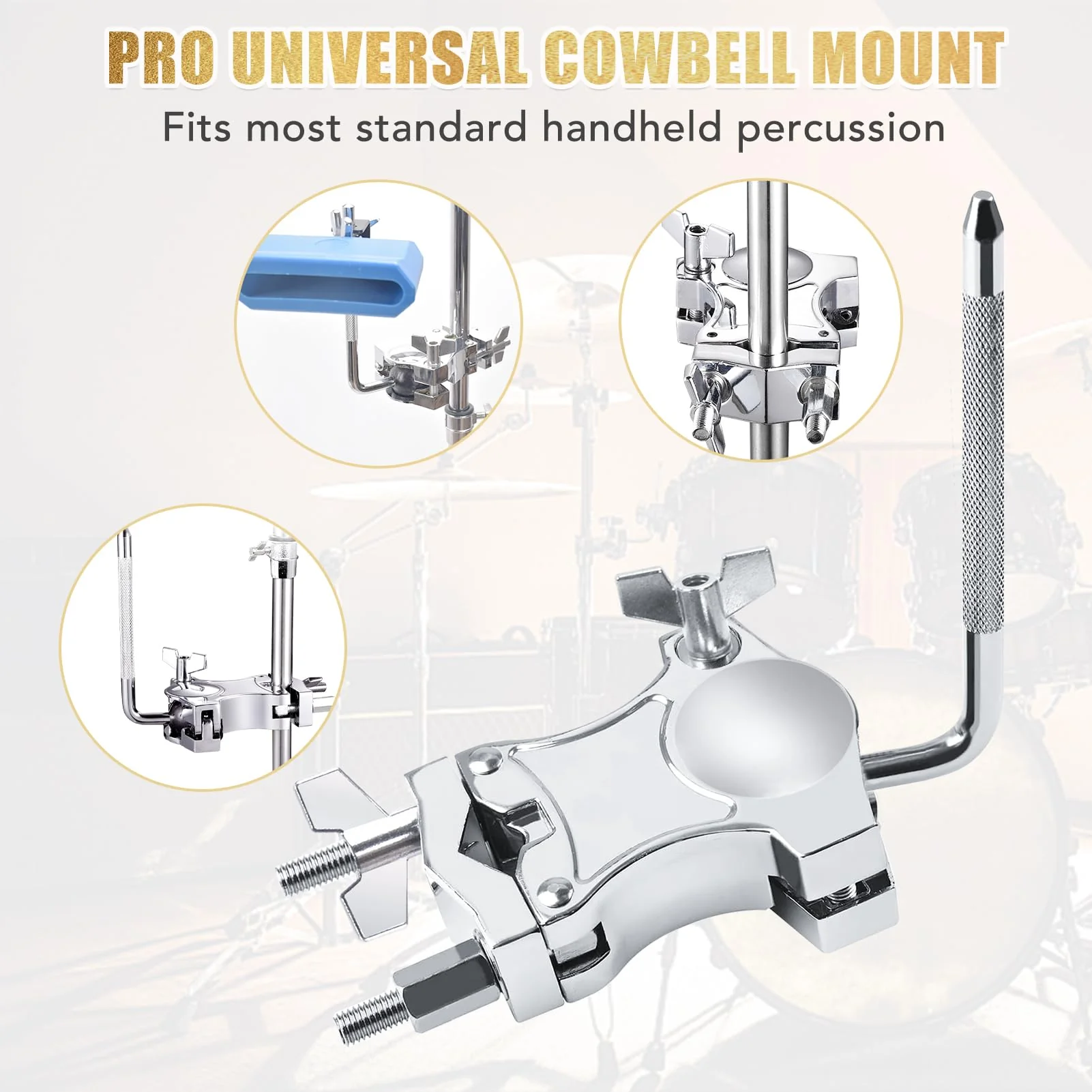 L-Rod Cowbells Cymbal Clamp, Heavy-Duty Cowbell Mount Percussion Holder Extension Arm Clip, 360°Rotation Universal Mount for Cowbells, Jam Blocks & Handheld Percussion Instrument Accessories L-Rod Clamp - Image 7