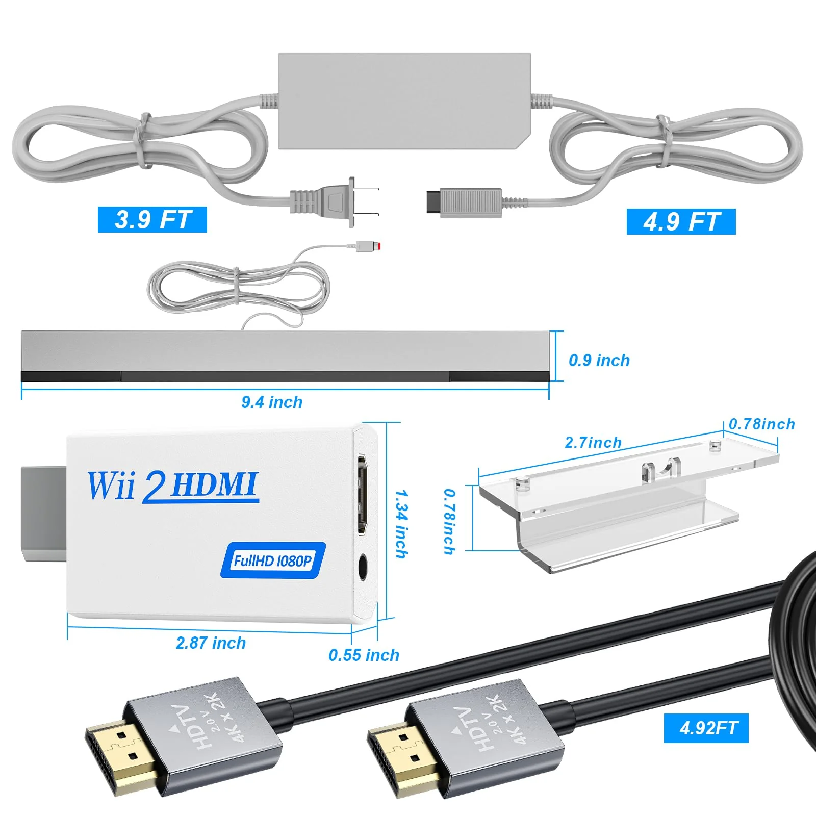 LA NREUCETS 4 in 1 Wii Sensor Bar - Wii HDMI Adapter, HDMI Converter, Wii Power Cord AC Adapter, 4.92FT High Speed HDMI Cable Compatible with Nintendo Wii Accessories Sensor Bar+Adapter+HDMI Converter+Cable - Image 6