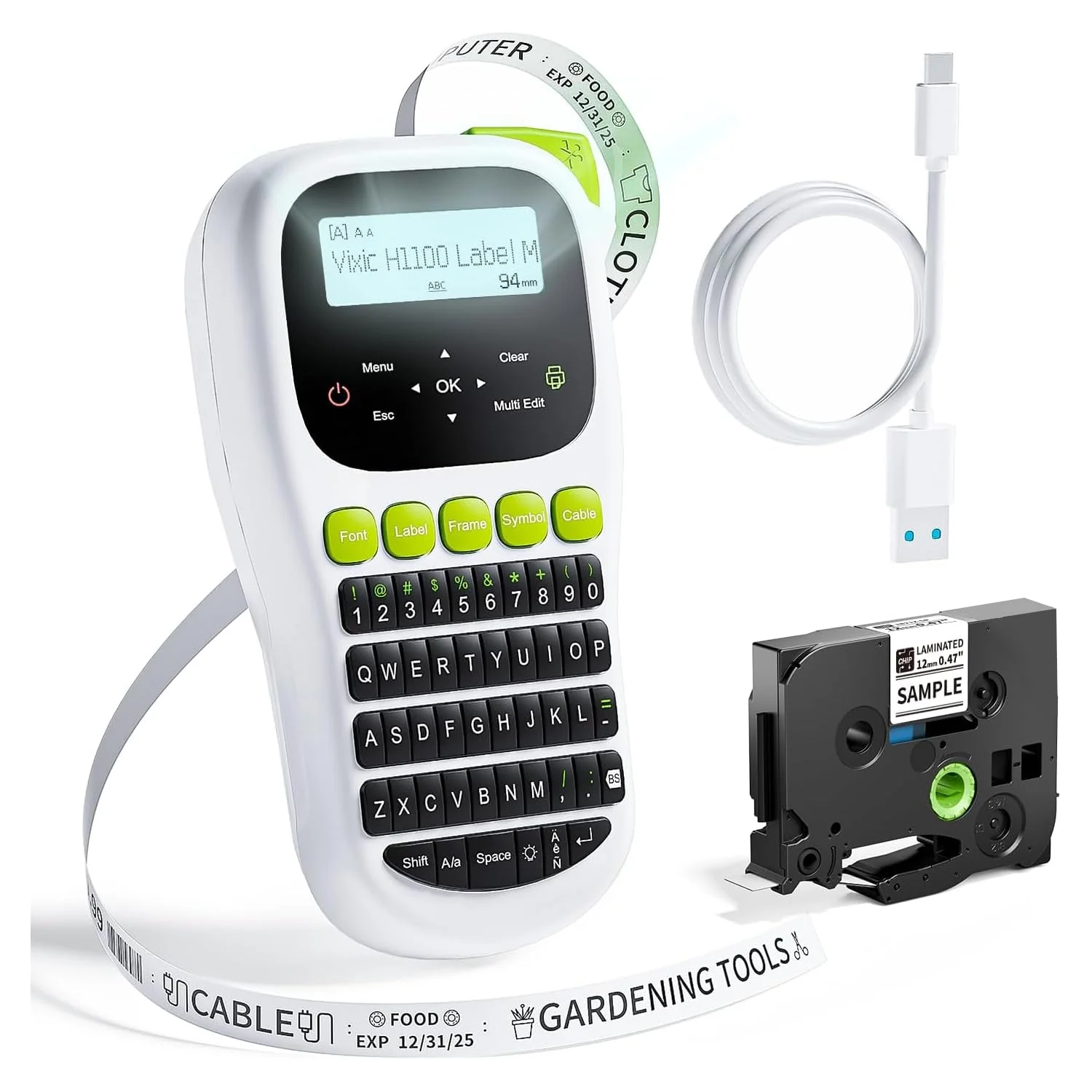 Label Maker Machine with-Tape, H1100 Handheld Label Maker Portable Labeler with Backlight Screen Keyboard for Home School Office Organization, Multiple Fonts Symbols Borders Easy to Use Inkless Label Maker with 1 Tape Green