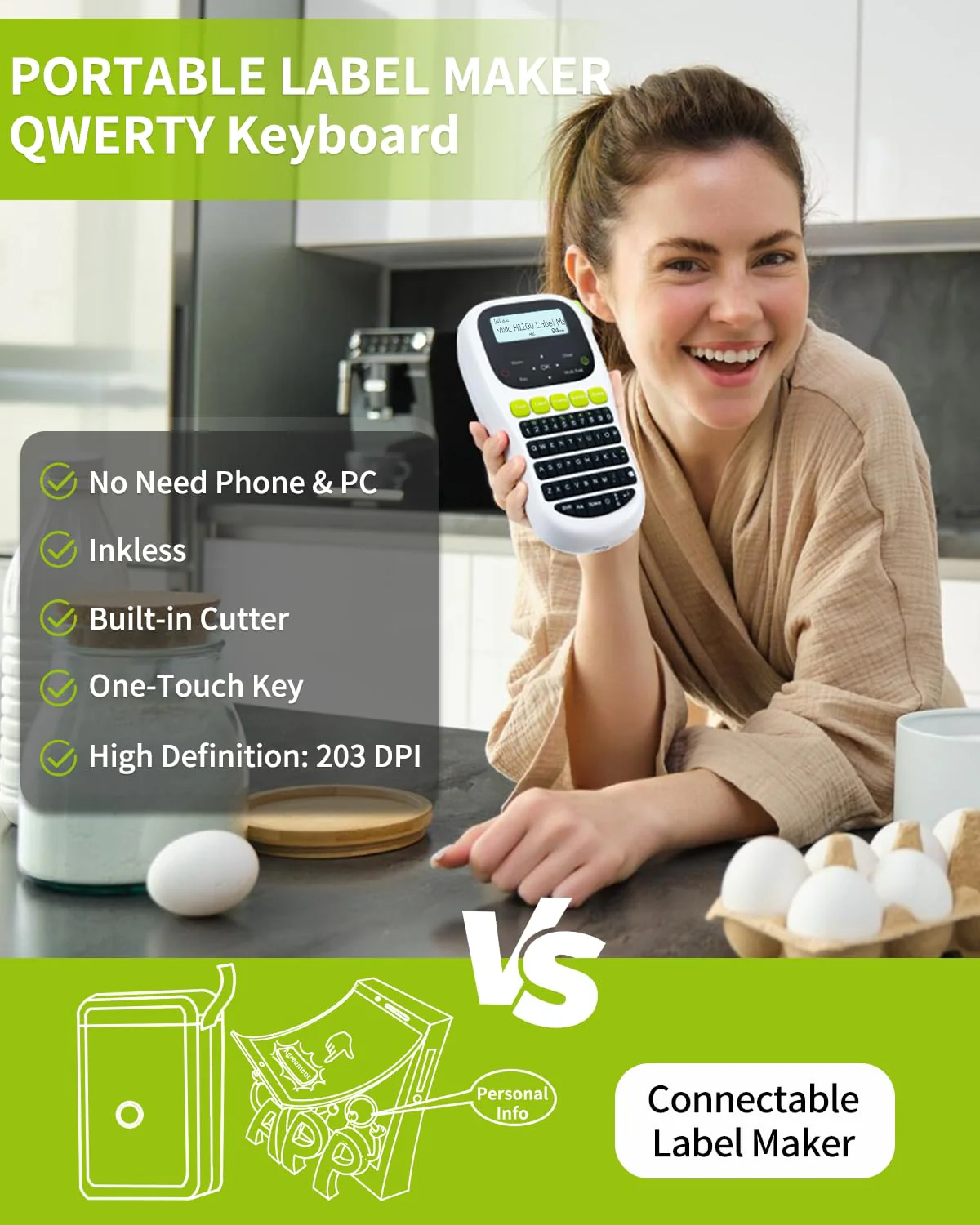Label Maker Machine with-Tape, H1100 Handheld Label Maker Portable Labeler with Backlight Screen Keyboard for Home School Office Organization, Multiple Fonts Symbols Borders Easy to Use Inkless Label Maker with 1 Tape Green - Image 2