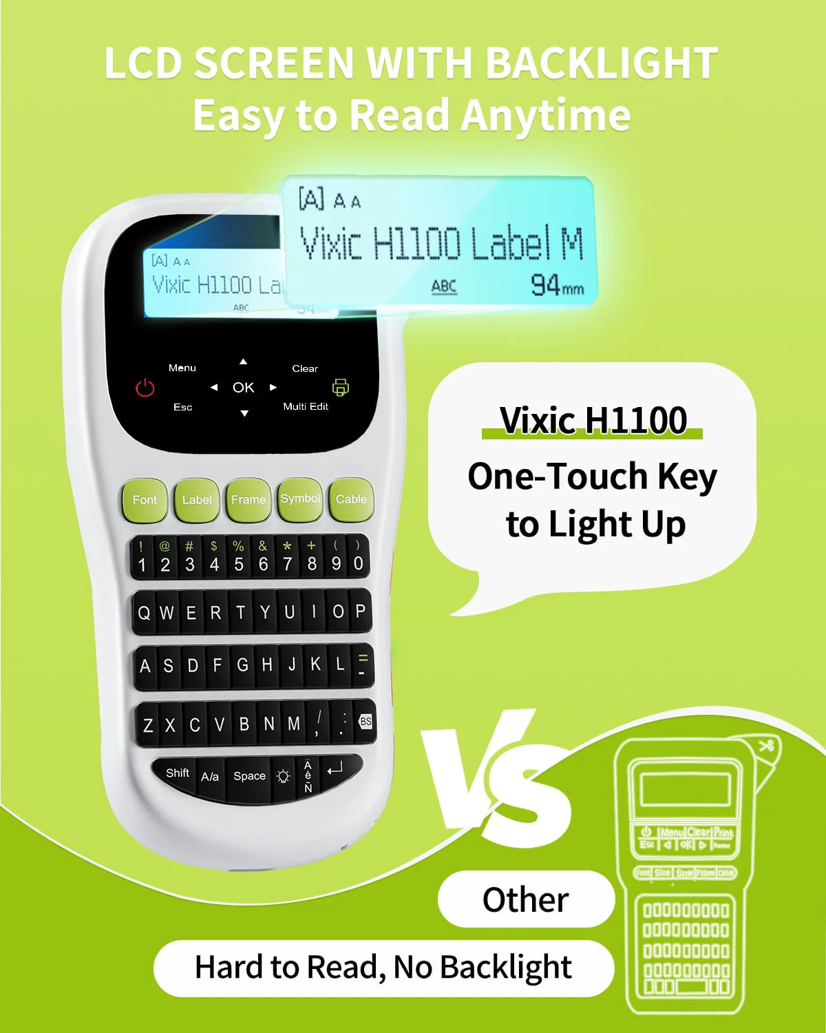 Label Maker Machine with-Tape, H1100 Handheld Label Maker Portable Labeler with Backlight Screen Keyboard for Home School Office Organization, Multiple Fonts Symbols Borders Easy to Use Inkless Label Maker with 1 Tape Green - Image 3