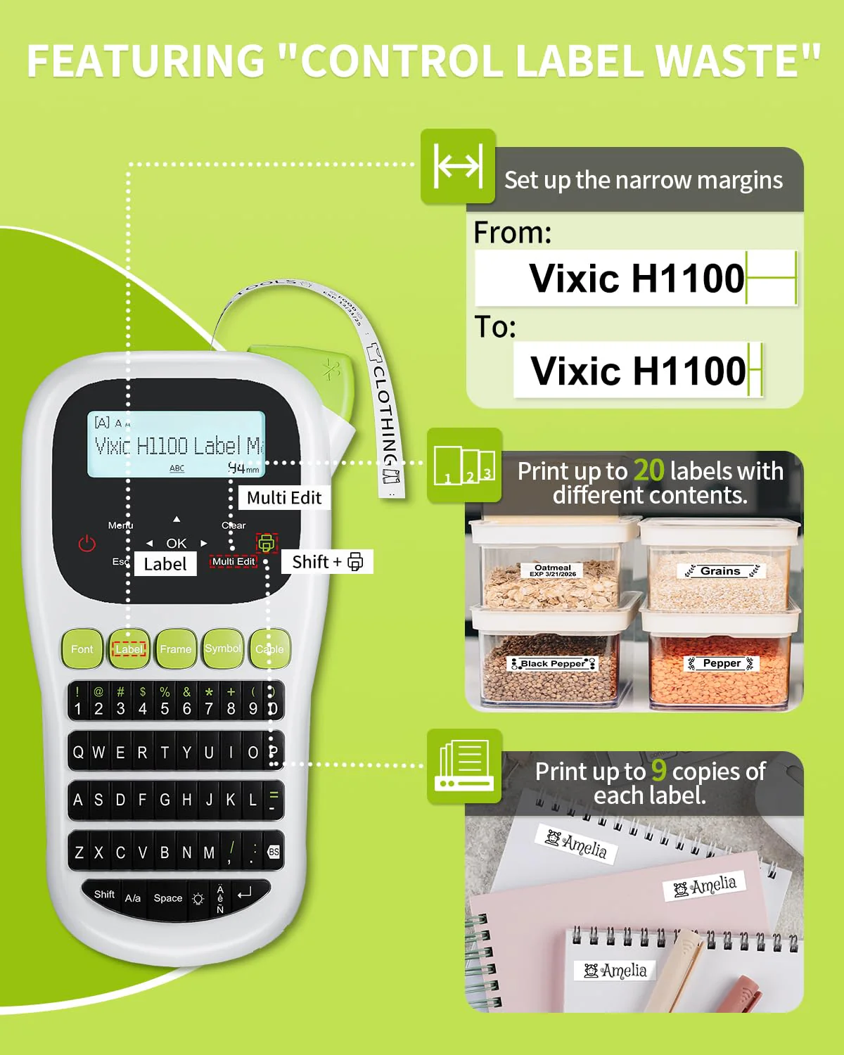Label Maker Machine with-Tape, H1100 Handheld Label Maker Portable Labeler with Backlight Screen Keyboard for Home School Office Organization, Multiple Fonts Symbols Borders Easy to Use Inkless Label Maker with 1 Tape Green - Image 5