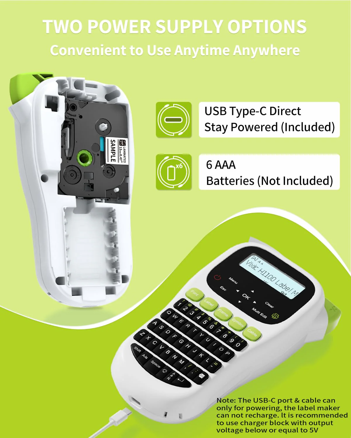 Label Maker Machine with-Tape, H1100 Handheld Label Maker Portable Labeler with Backlight Screen Keyboard for Home School Office Organization, Multiple Fonts Symbols Borders Easy to Use Inkless Label Maker with 1 Tape Green - Image 7