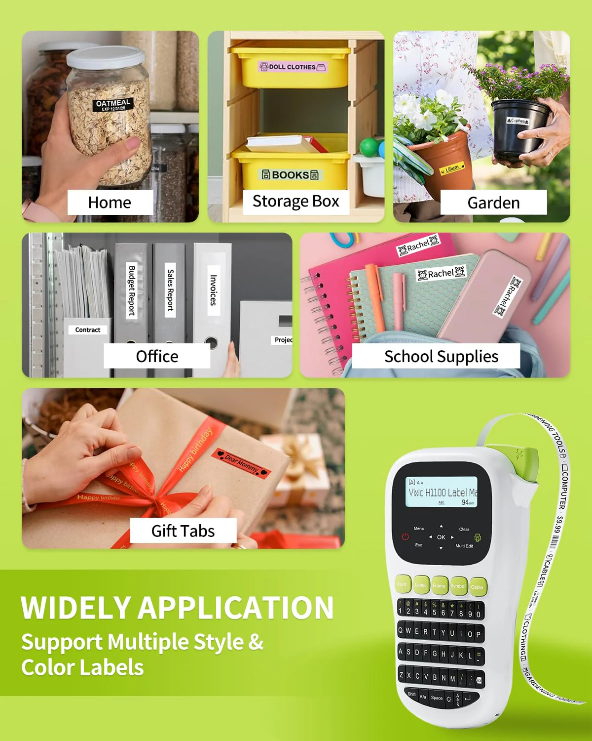 Label Maker Machine with-Tape, H1100 Handheld Label Maker Portable Labeler with Backlight Screen Keyboard for Home School Office Organization, Multiple Fonts Symbols Borders Easy to Use Inkless Label Maker with 1 Tape Green - Image 8
