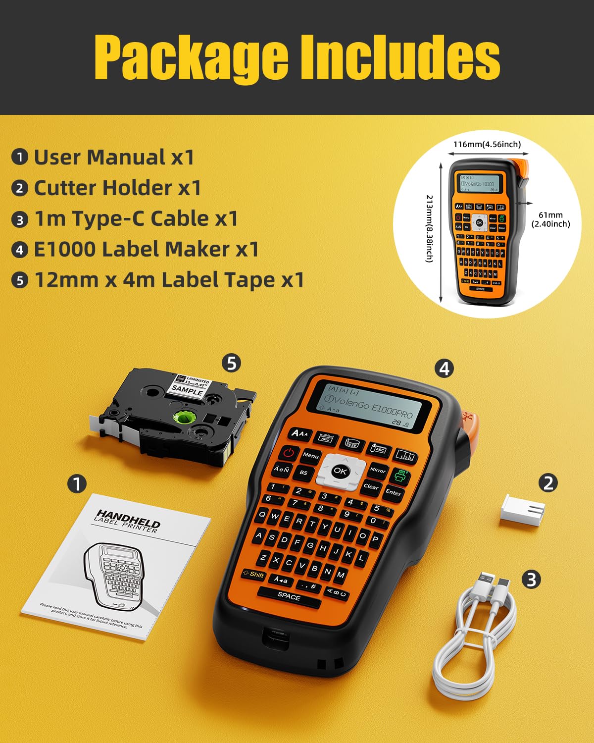 Label Maker Machine with-Tape, Heat Shrink Label Maker Waterproof-Labels, Wire Cable label Maker, E1000 Labeler Machine with-Tape 12mm Laminated Handheld Labeling Machine for Industrial Office - Image 8