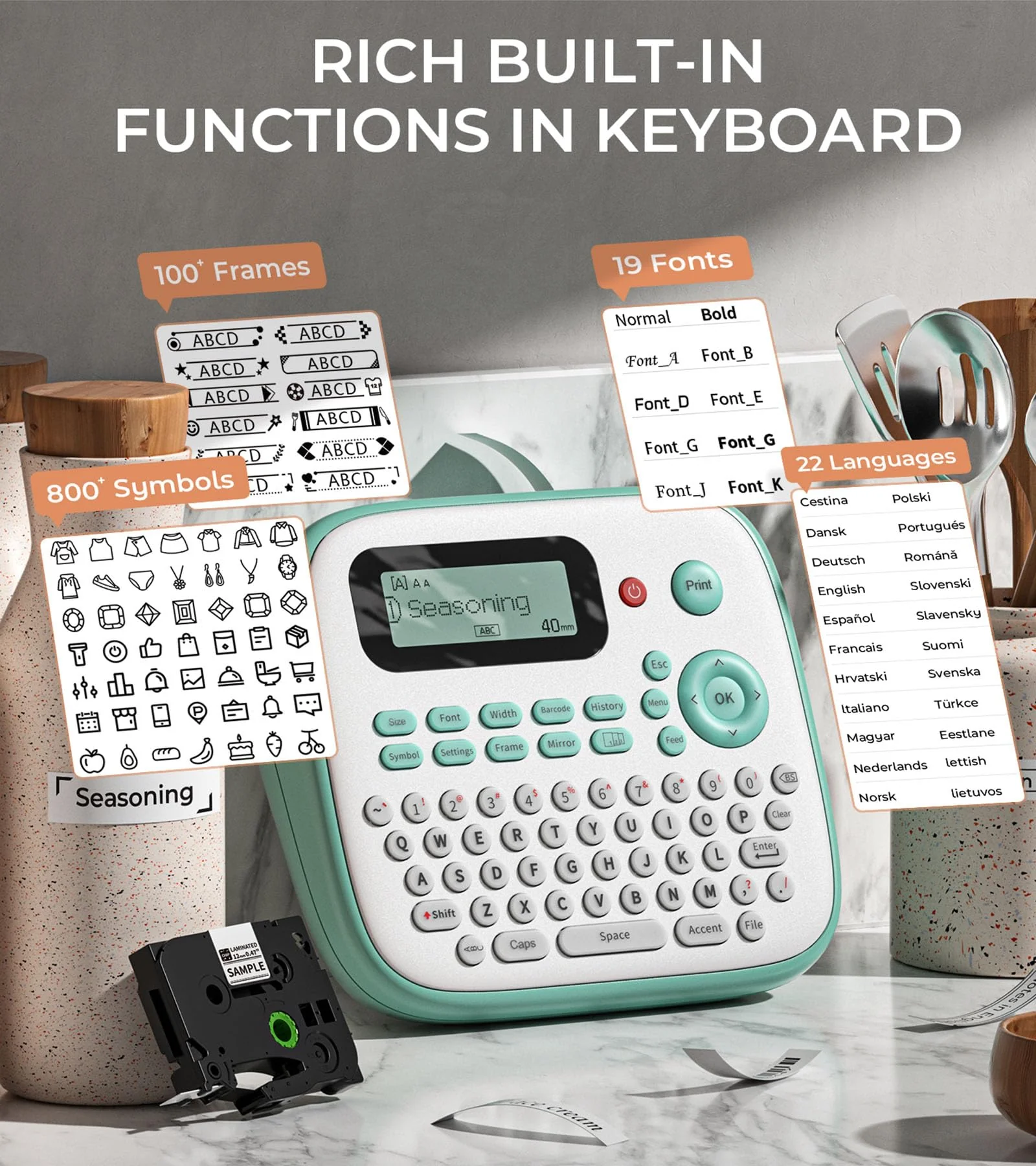 Label Maker Machine with Tapes, D210S Label Maker with Keyboard, Handheld Labeler Machine with-Tape 12mm 0.47 Laminated White, Multiple Symbols for Home Office School Kids Use Green - Image 3