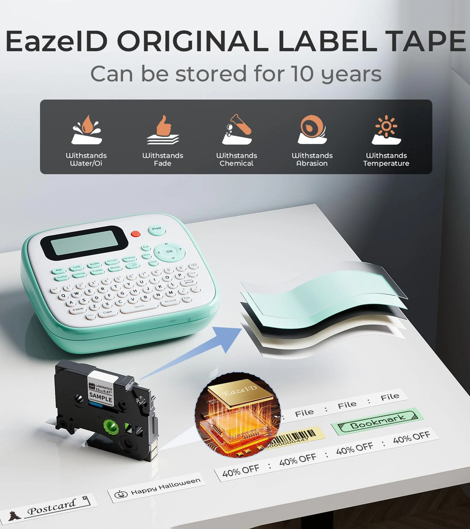 Label Maker Machine with Tapes, D210S Label Maker with Keyboard, Handheld Labeler Machine with-Tape 12mm 0.47 Laminated White, Multiple Symbols for Home Office School Kids Use Green - Image 8