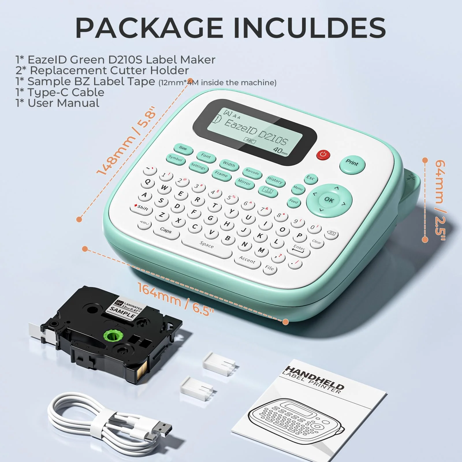 Label Maker Machine with Tapes, D210S Label Maker with Keyboard, Handheld Labeler Machine with-Tape 12mm 0.47 Laminated White, Multiple Symbols for Home Office School Kids Use Green - Image 9