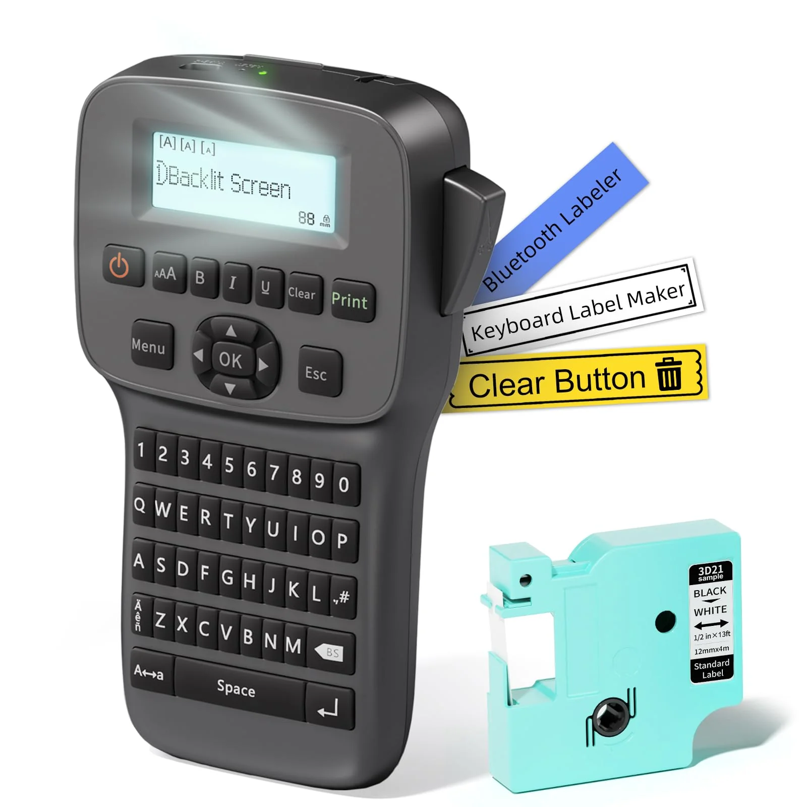 Label Maker Machine with Tapes Waterproof, Rechargeable Label Maker Portable, Keyboard Label Maker with Backlit Screen, Bluetooth Labeler for School Office Industrial Use, LM1600 Black