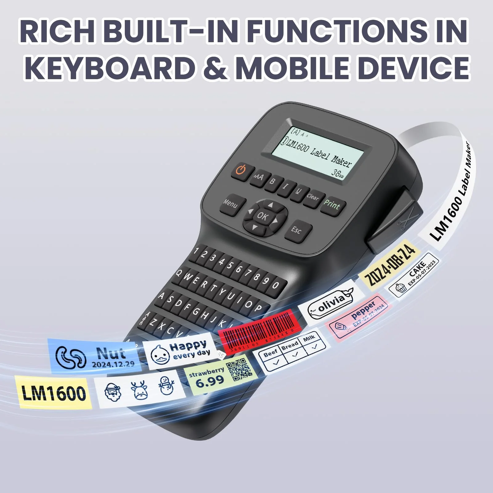 Label Maker Machine with Tapes Waterproof, Rechargeable Label Maker Portable, Keyboard Label Maker with Backlit Screen, Bluetooth Labeler for School Office Industrial Use, LM1600 Black - Image 4