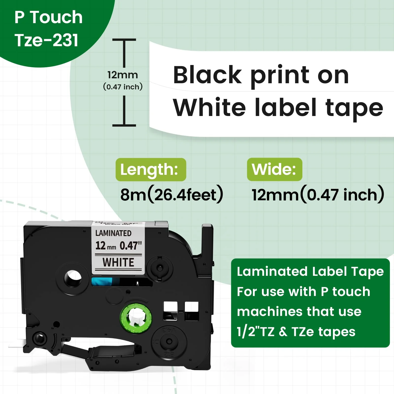 Label Maker Tape Tze Tz Tape 12mm 0.47 Laminated White TZe-231 Replace for Brother P Touch Label Maker Tape TZ-231 AZe-231 Compatible with Brother Label Maker Refills PT-D210 PTH110 PTD220 PTD410, 6PK 1/2''(12MM) Black on White - Image 2
