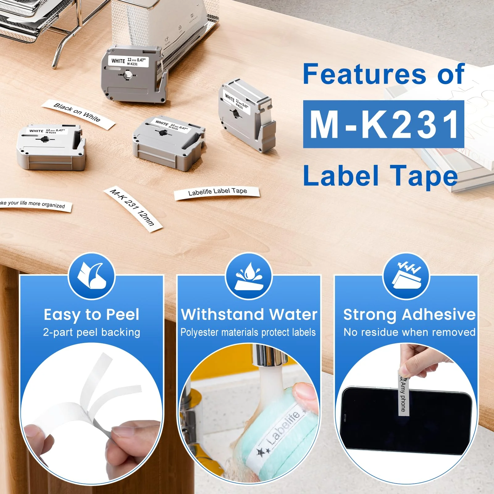 Labelife M-K231 Label Tape Replace for Brother P Touch M Tape M-K231S M231 MK231 M-231 12mm 0.47 Inch for Brother PTouch PT-M95 PT-65 PT-80 PT-70 PT-45 PT-90 Label Makers, Black on White, 4 Pack - Image 4