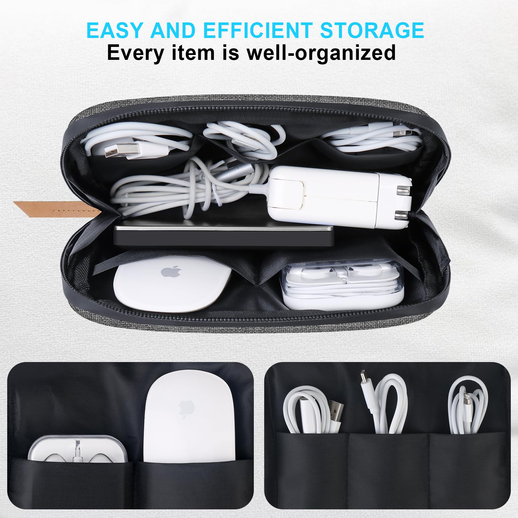 Lacdo Electronic Organizer Travel Cable Organizer Bag Pouch Case Tech Electronic Accessories Case Portable Charger Case for Cable, Cords, MacBook Laptop Charger, Mouse, Power Adapter, Power Bank, Gray - Image 2