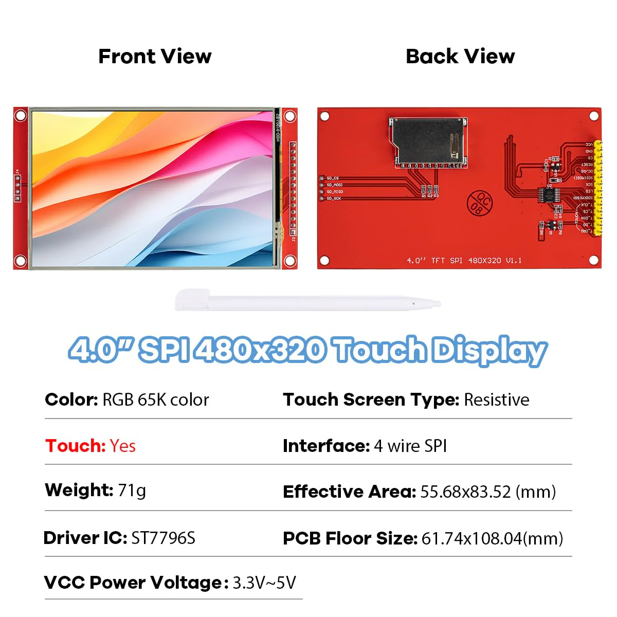 LAFVIN 4.0 Inch TFT LCD Touch Display Shield Module 480 x 320 SPI Serial ST7796S with Touch Pen Compatible with Arduino - Image 2