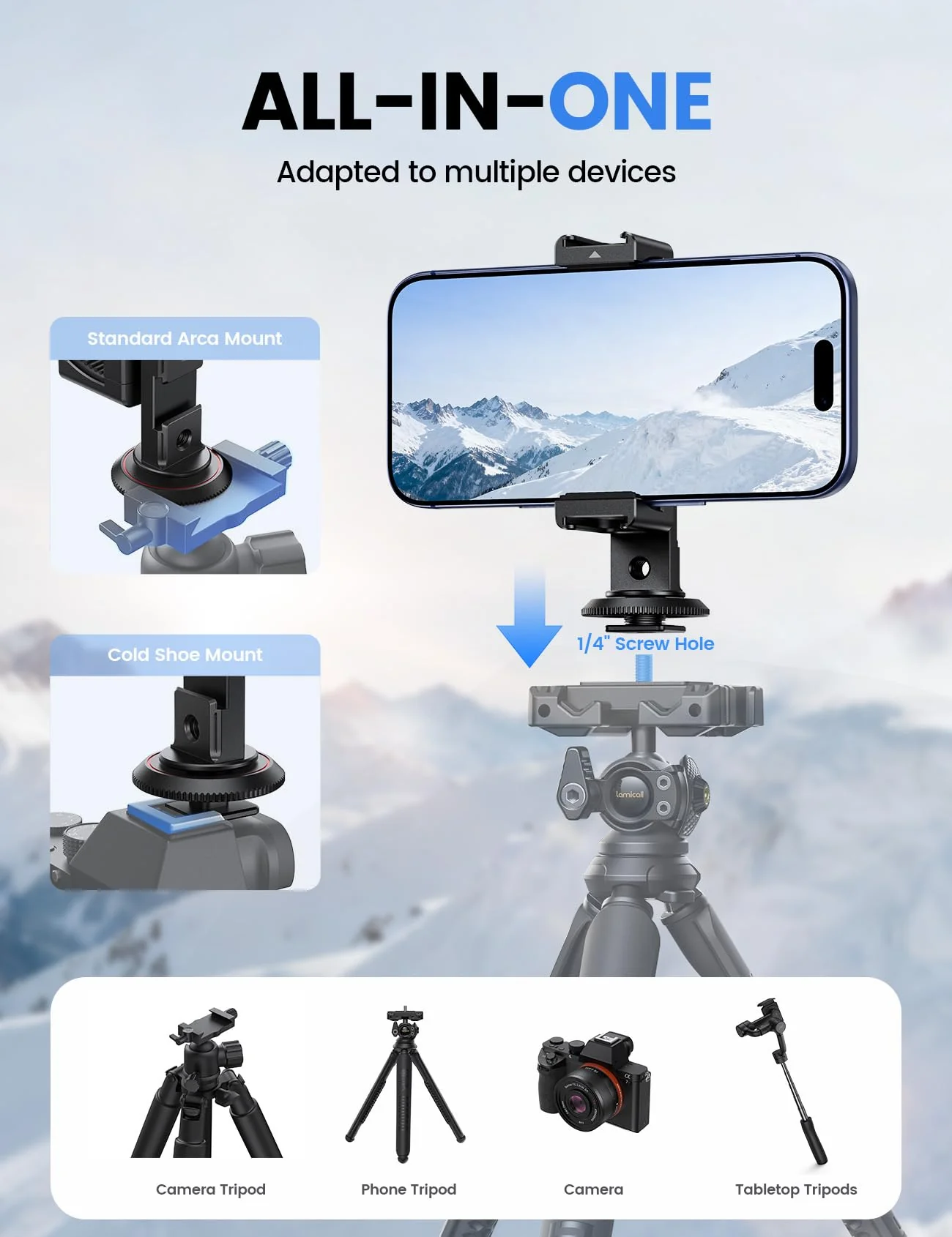 Lamicall Aluminum Phone Tripod Mount with 3 Cold Shoes & Arca Port & 1/4" Thread, [Wider Clamp] Camera Phone Holder Adapter Valentines Day Gift for iPhone 17 Smartphone Tripod Cell Phone Holder - Image 2