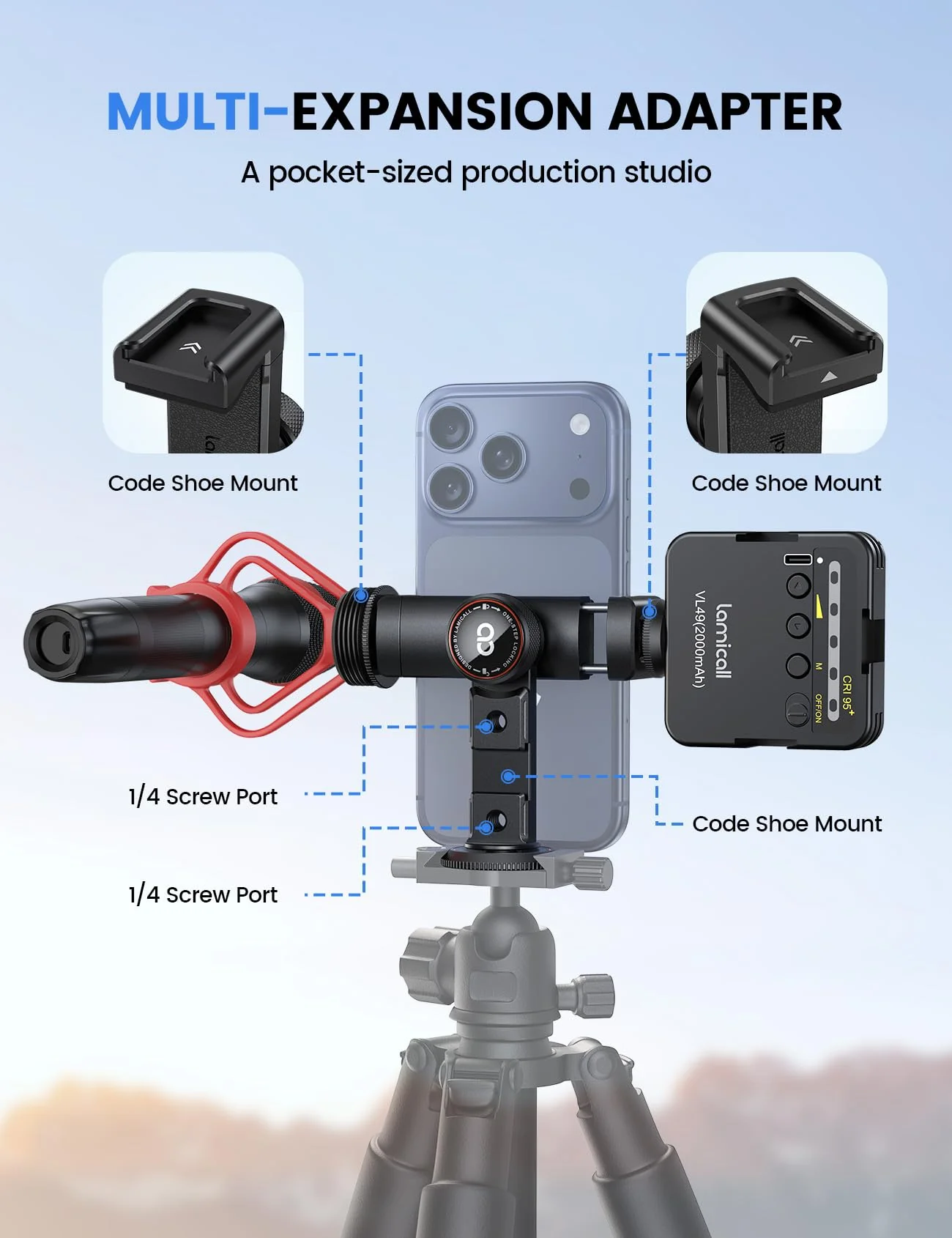 Lamicall Aluminum Phone Tripod Mount with 3 Cold Shoes & Arca Port & 1/4" Thread, [Wider Clamp] Camera Phone Holder Adapter Valentines Day Gift for iPhone 17 Smartphone Tripod Cell Phone Holder - Image 3