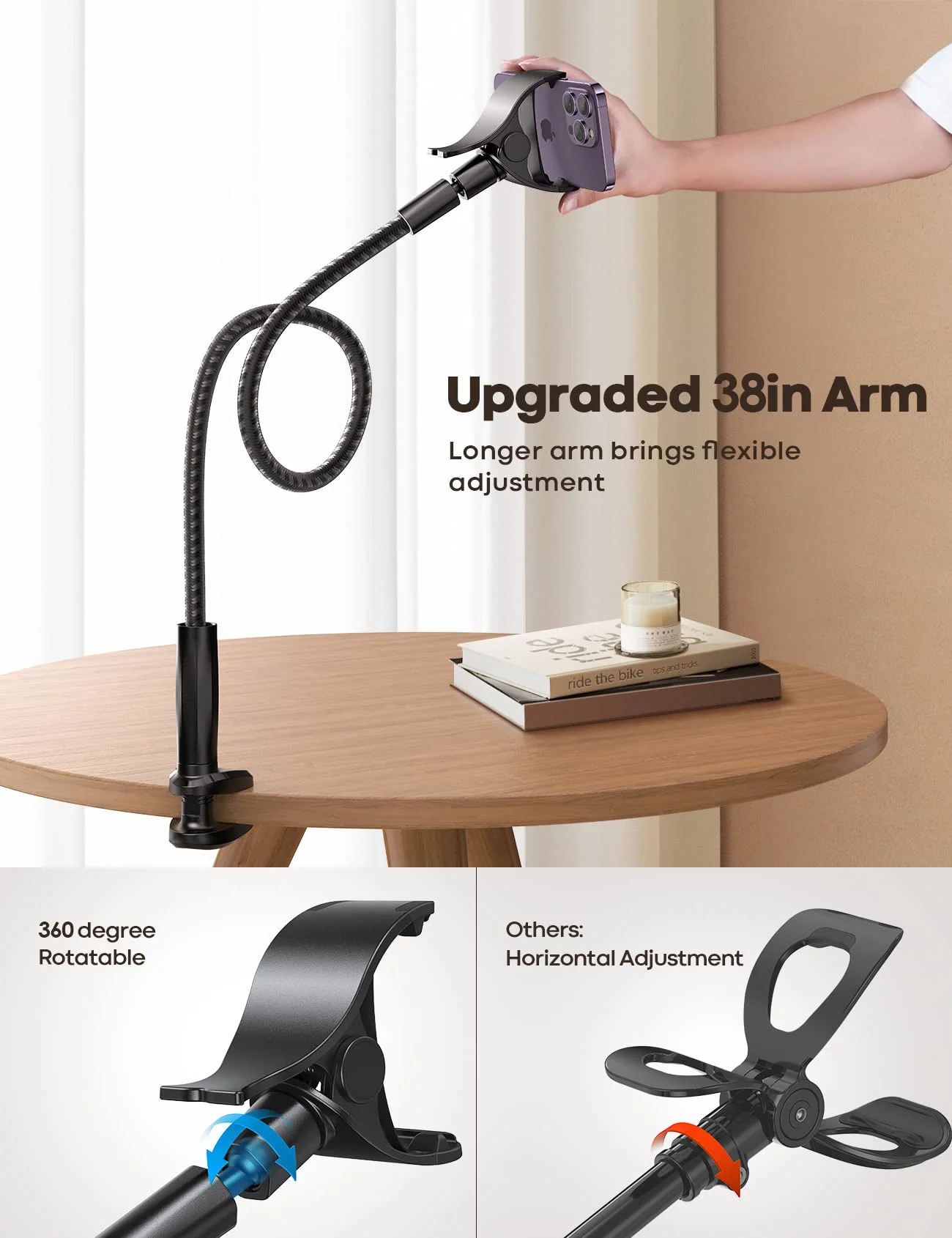 Lamicall Gooseneck Phone Holder Bed - [Nylon Braided] Flexible Arm, 38inch Overall Length, 360 Adjustable Clamp Clip, Overhead Cell Phone Mount Stand for Bed, Desk, 4-7” Cellphone Black - Image 2