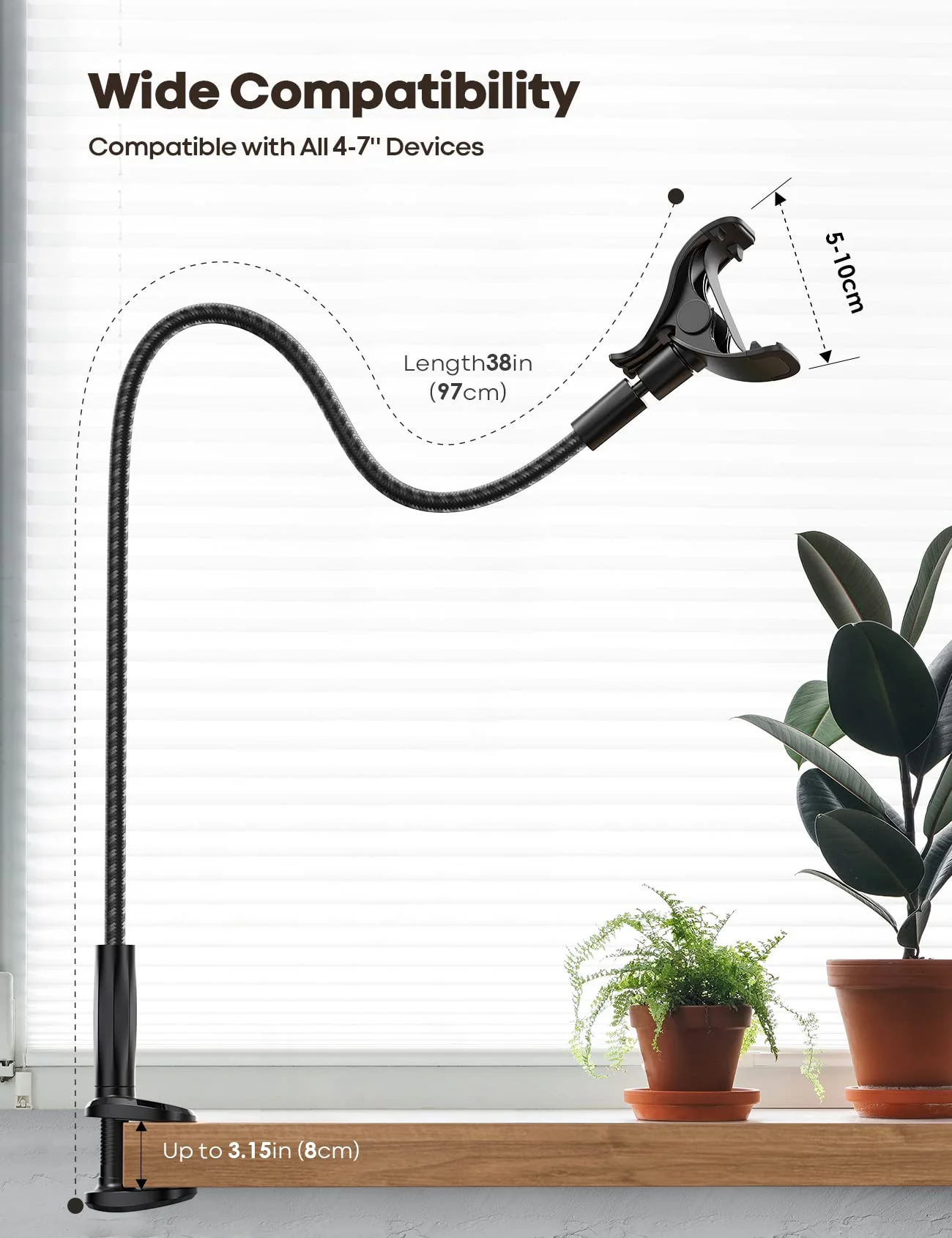 Lamicall Gooseneck Phone Holder Bed - [Nylon Braided] Flexible Arm, 38inch Overall Length, 360 Adjustable Clamp Clip, Overhead Cell Phone Mount Stand for Bed, Desk, 4-7” Cellphone Black - Image 5