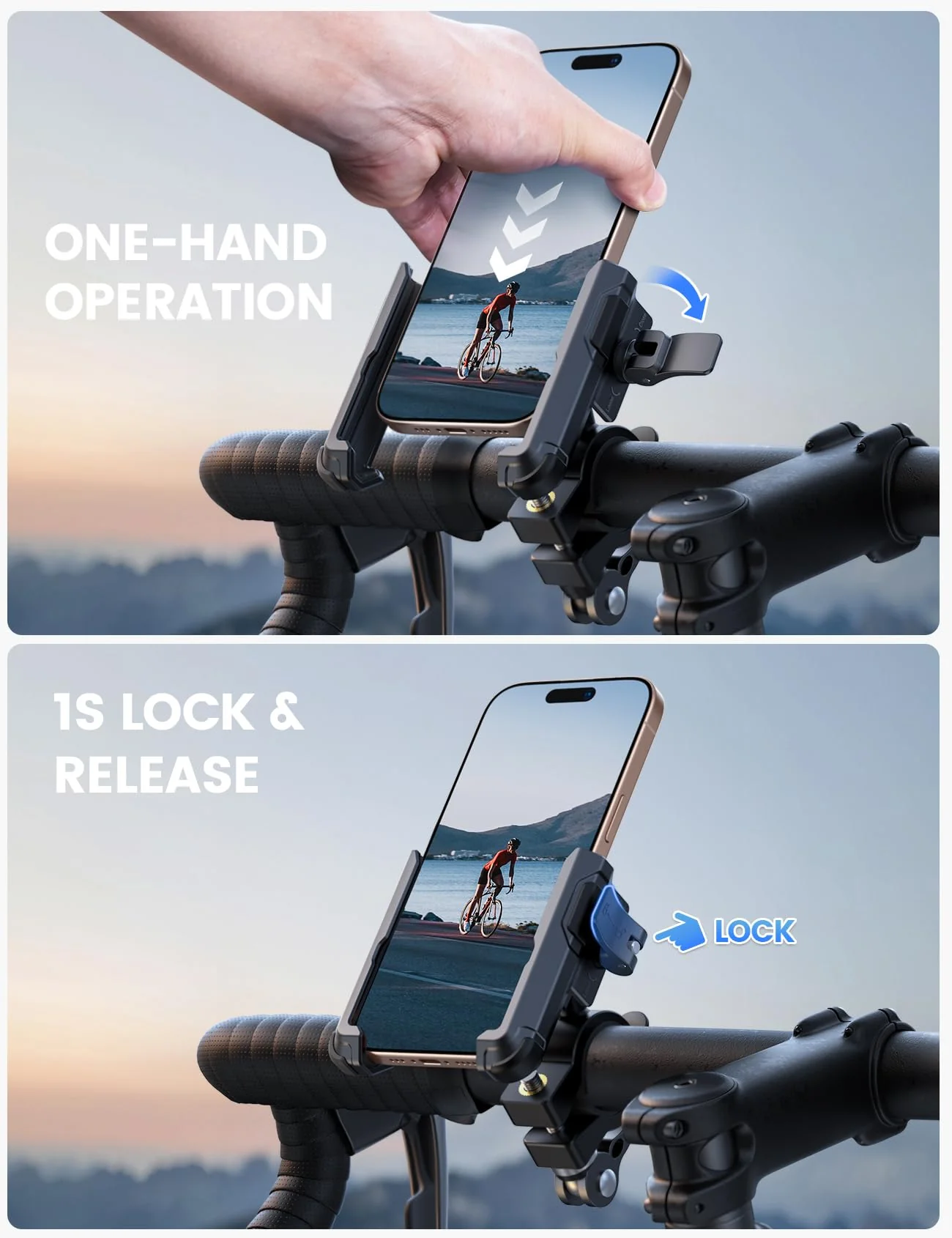 Lamicall Motorcycle Bike Phone Mount - [No Block Camera] [1s Lock] Bike Cell Phone Holder Clamp, Bicycle Scooter Handlebar Clip, Gifts for iPhone 17 16 15 14 Pro Max, Galaxy S25 Ultra, 4.7-7" Phones Black - Image 3
