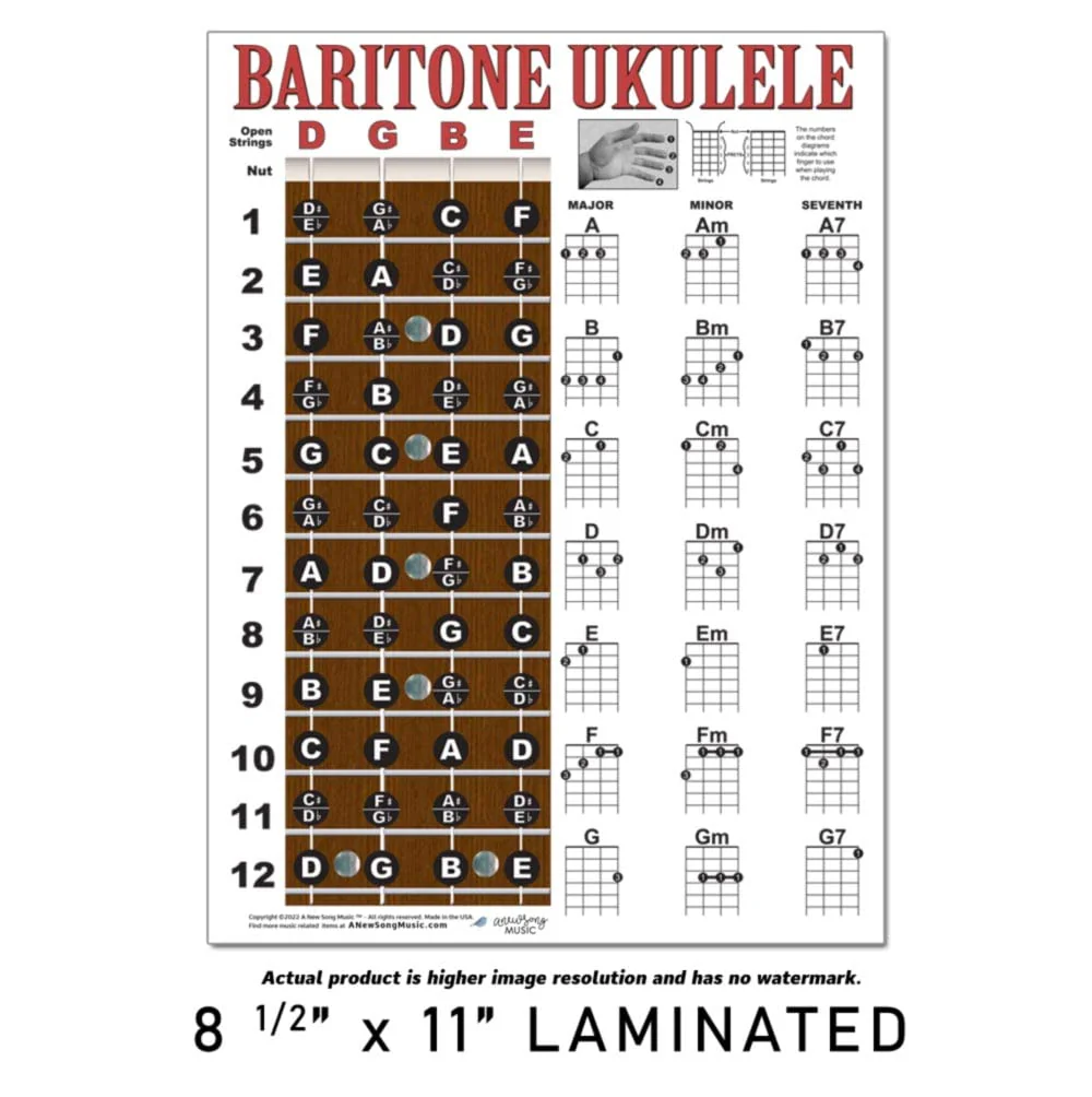 Laminated Baritone Ukulele Fretboard & Chord Chart Easy Instructional Poster Bari Uke Notebook 8.5"x11" | A New Song Music - Image 2
