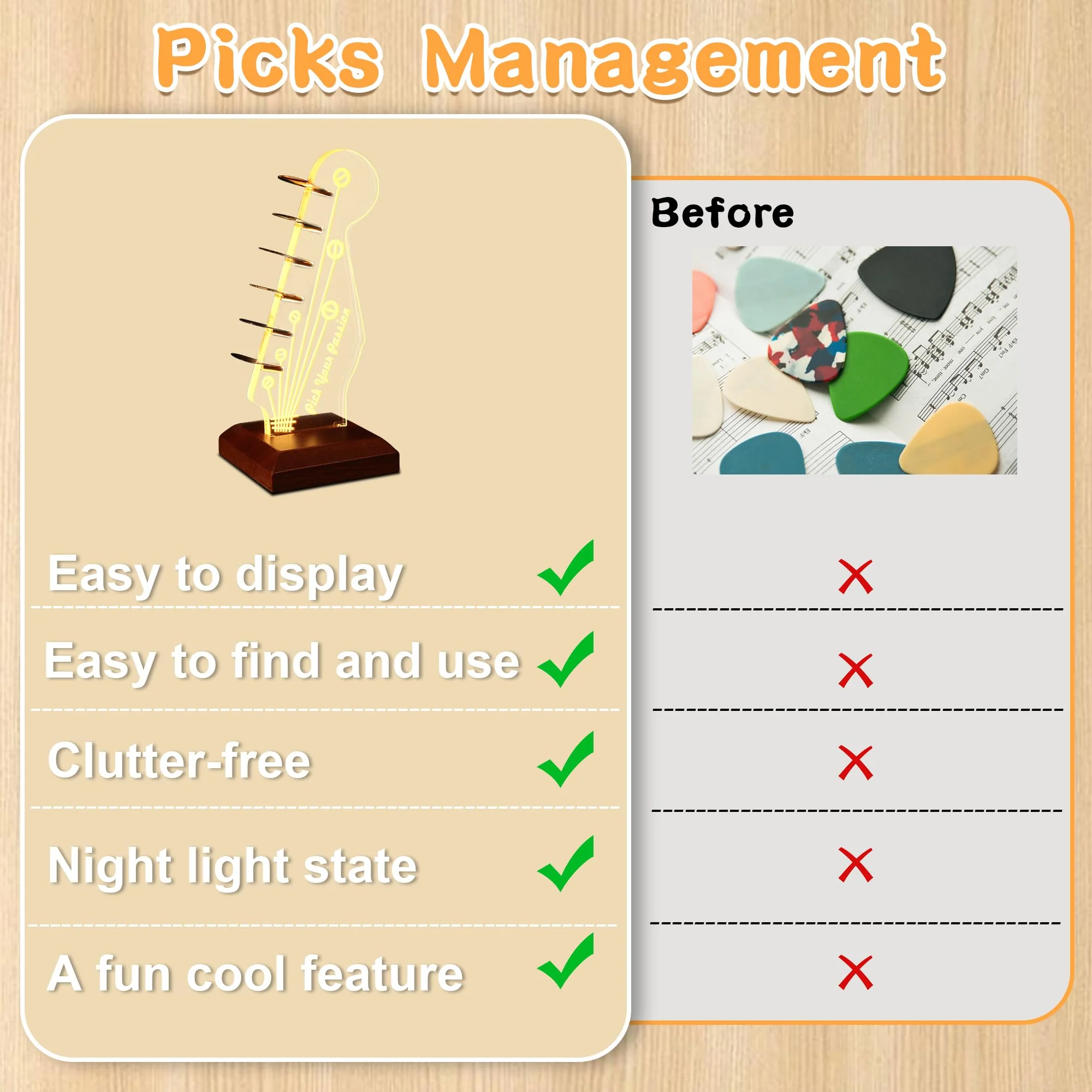 Lampeez Light Up Guitar Pick Holder, Acrylic Wood Desktop Pick Holder with Picks Display, Guitar Accessories Gifts for Players Enthusiasts - Image 4
