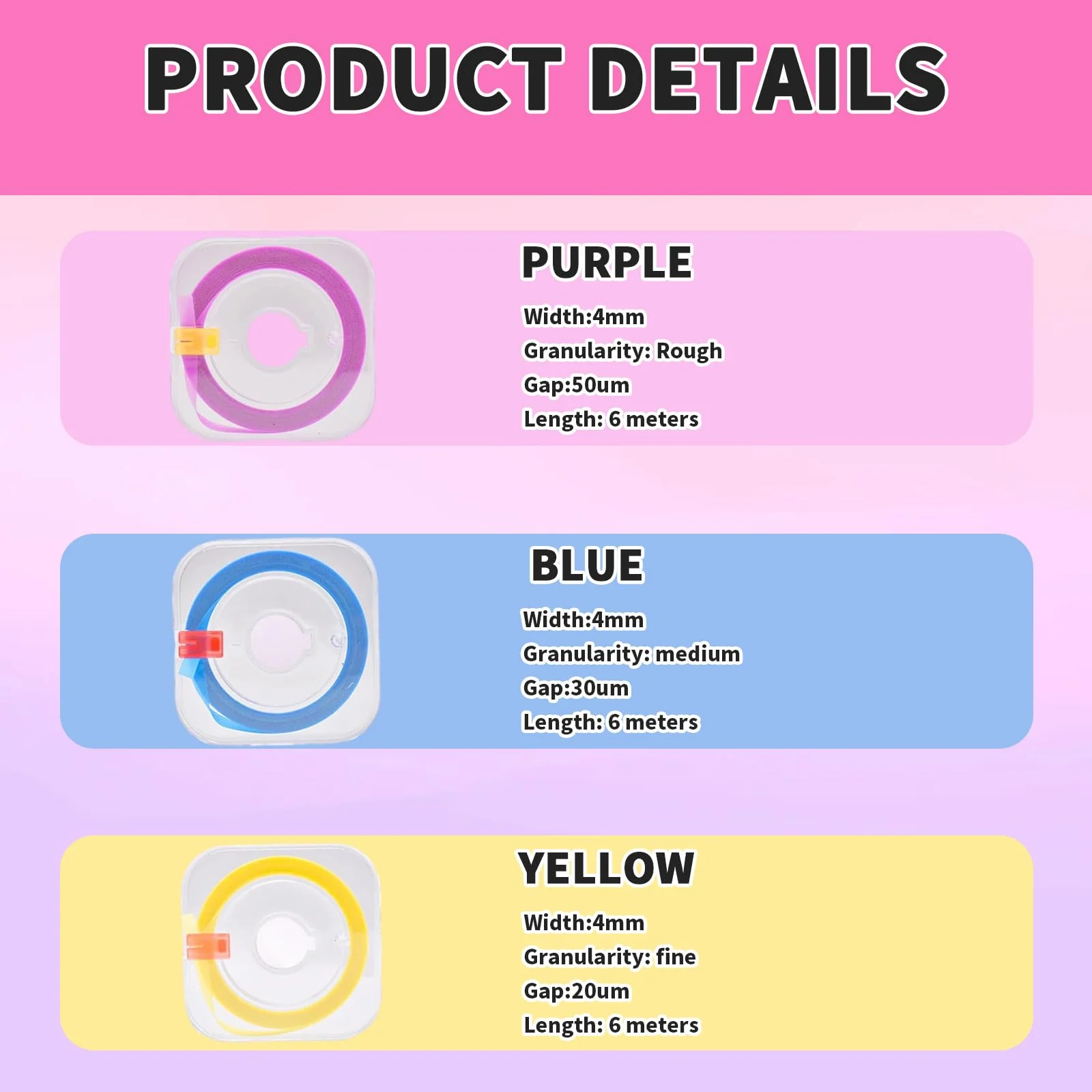 Landrain 3 Volumes Tooth Sandpaper Interdental Spaces, Tooth Sandpaper for Spaces (4 mm x 6 m) Purple + Yellow + Blue - Image 2