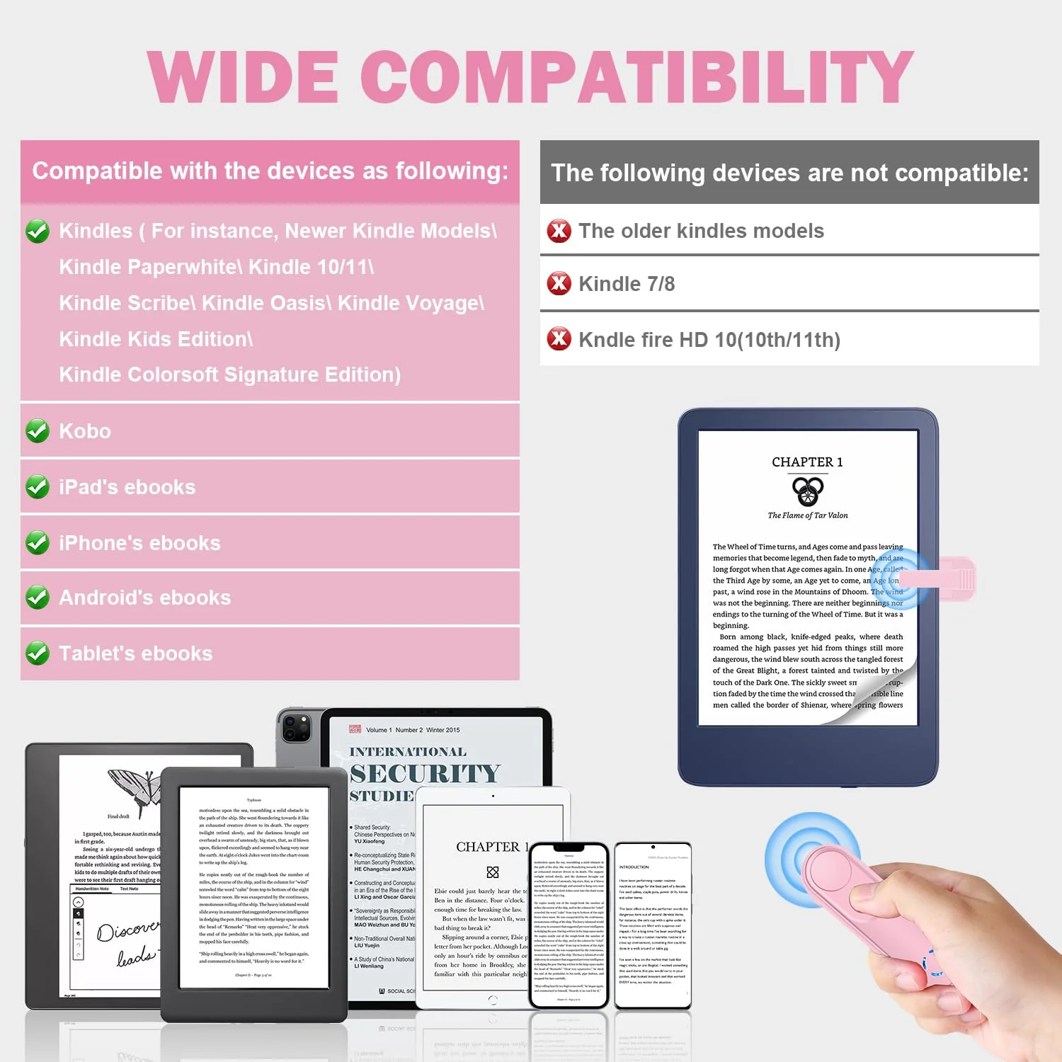 LANGREE Remote Page Turner for Kindle Paperwhite Oasis Kobo eReaders, Kindle Accessories, Page Turner Clicker for ipad Tablets Phone Reading Novels Taking Photos, Kindle Remote with Power Display Pink - Image 6