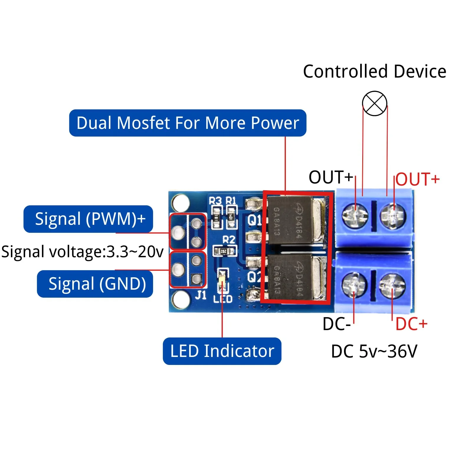 LAOMAO Transistor Mosfet Module 5V-36V 400W PWM Dual High Performance Driver Module MOSFET Switch Drive Compatible with Arduino (Pack of 20) - Image 3