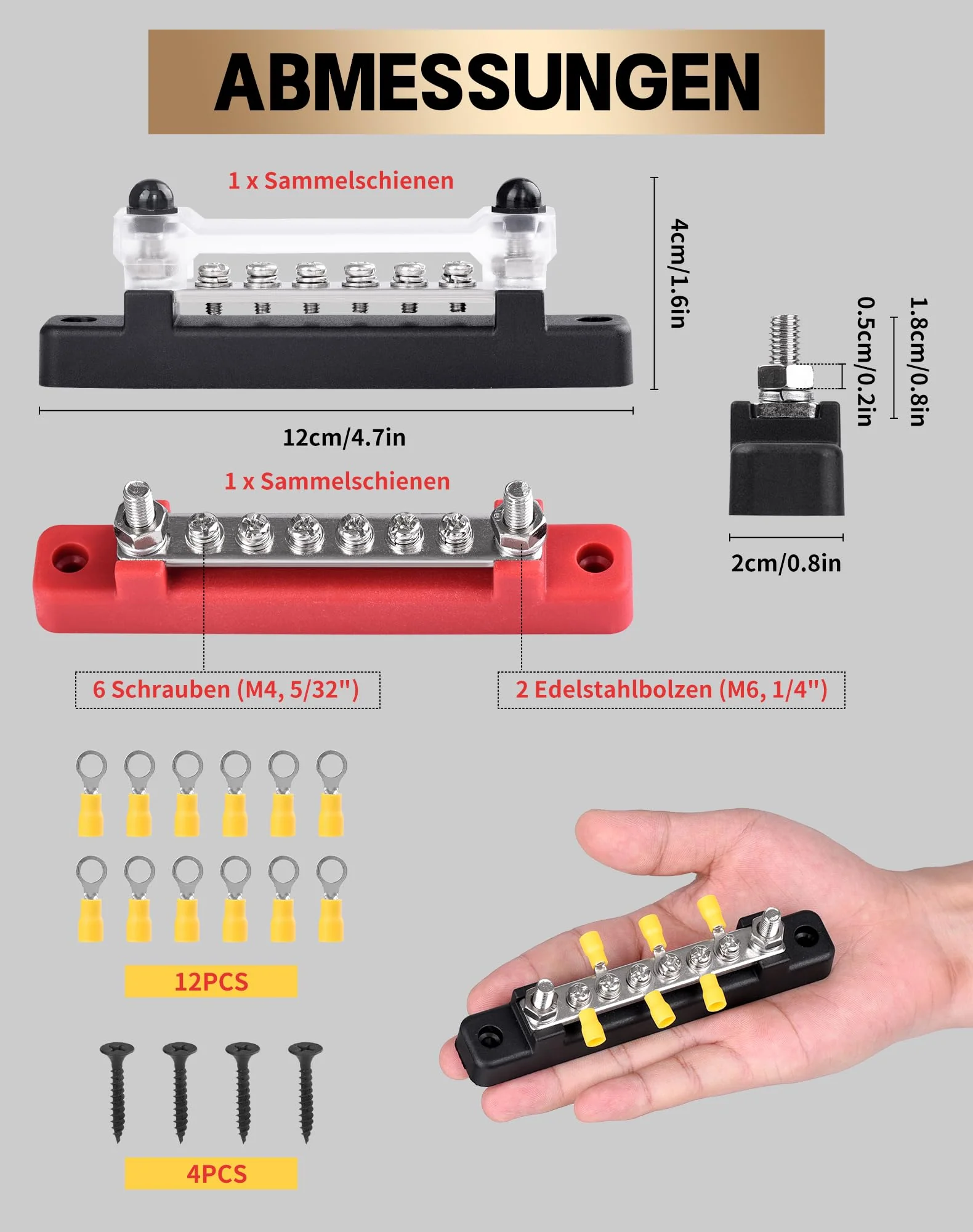 LAOYE Busbar 12V-48V DC 150A Busbar Busbar Distribution Block 12V Power Distribution Block with Cover 6x M4 Terminal Bolts 12 V Distributor for Car RV Truck Red Black Pack of 2 150A-6M4 - Image 3
