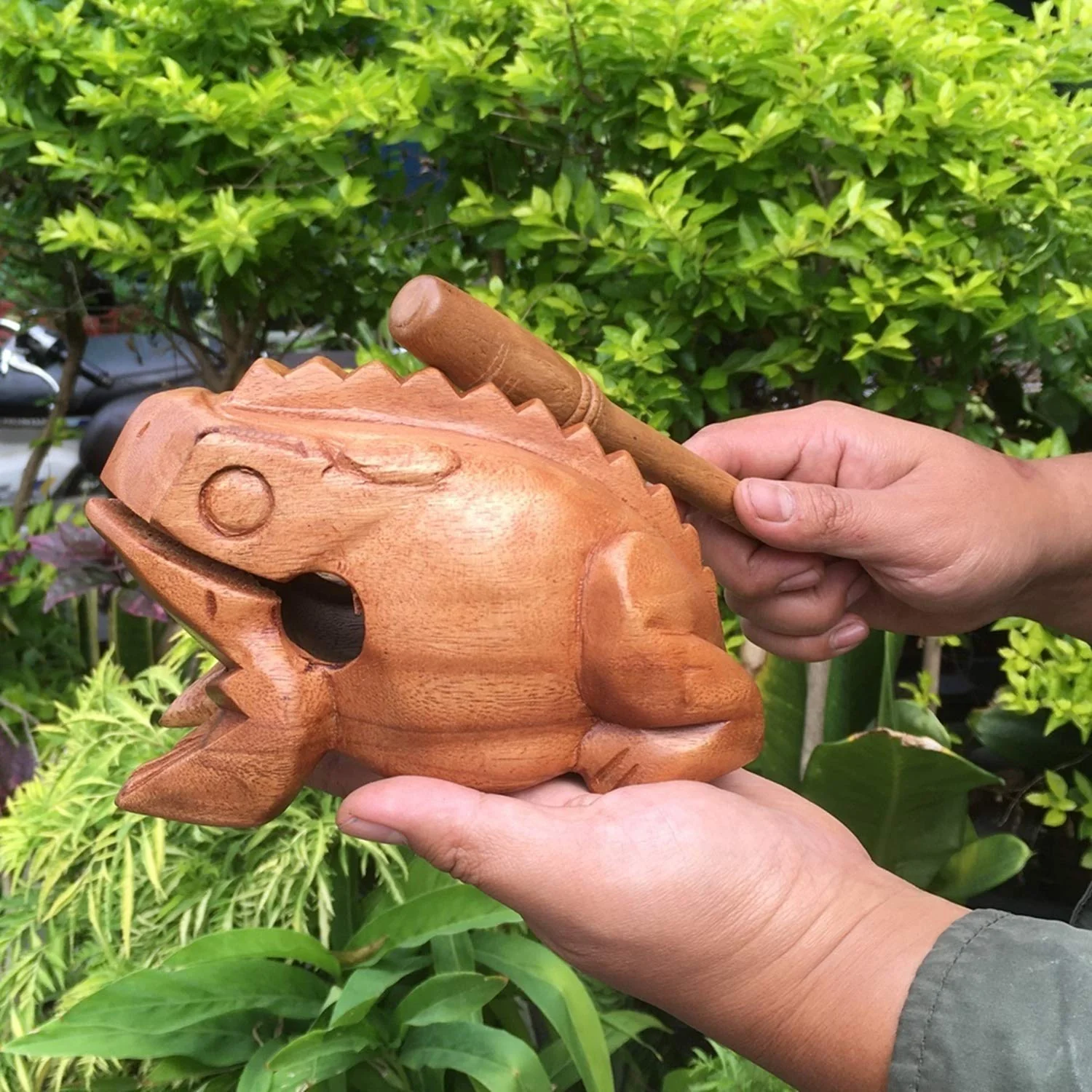 Large 7" Wood Frog Guiro Rasp Percussion Instrument Tone Block Frog Animal Shaped Figurine Wooden Handcraft Musical Lucky Frog Home Office Decoration (Tan) Tan - Image 2
