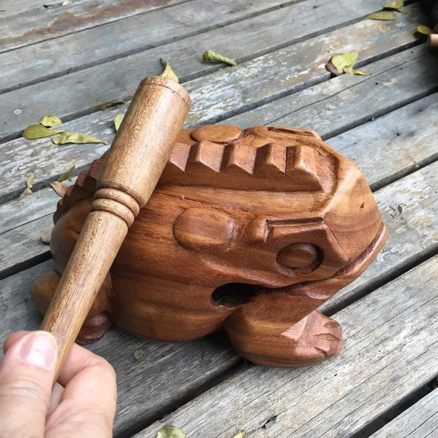 Large 7" Wood Frog Guiro Rasp Percussion Instrument Tone Block Frog Animal Shaped Figurine Wooden Handcraft Musical Lucky Frog Home Office Decoration (Tan) Tan - Image 3