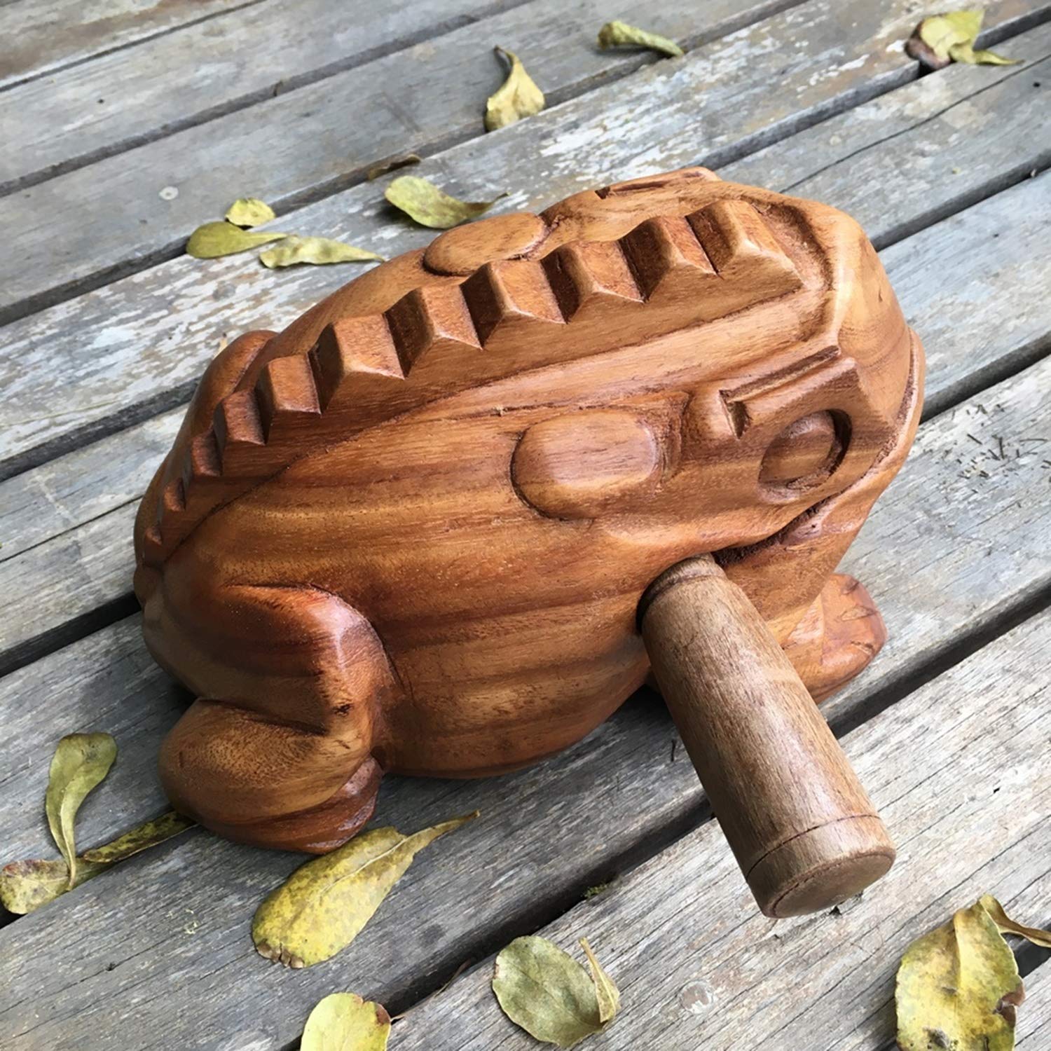 Large 7" Wood Frog Guiro Rasp Percussion Instrument Tone Block Frog Animal Shaped Figurine Wooden Handcraft Musical Lucky Frog Home Office Decoration (Tan) Tan - Image 4