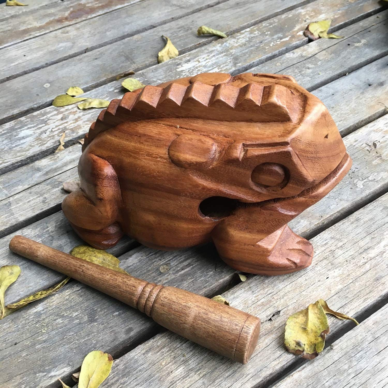 Large 7" Wood Frog Guiro Rasp Percussion Instrument Tone Block Frog Animal Shaped Figurine Wooden Handcraft Musical Lucky Frog Home Office Decoration (Tan) Tan - Image 8