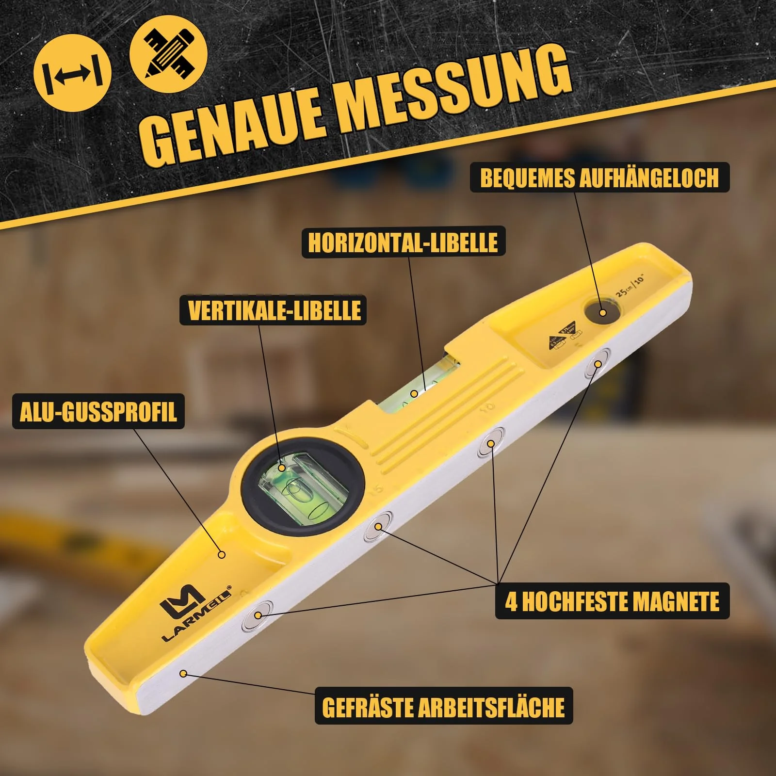 LARMEIL Magnetic Torpedo Spirit Level 25 cm Aluminium Cast Profile 4 Magnets Small Spirit Level 1 Horizontal Level 1 Vertical Level - Image 2